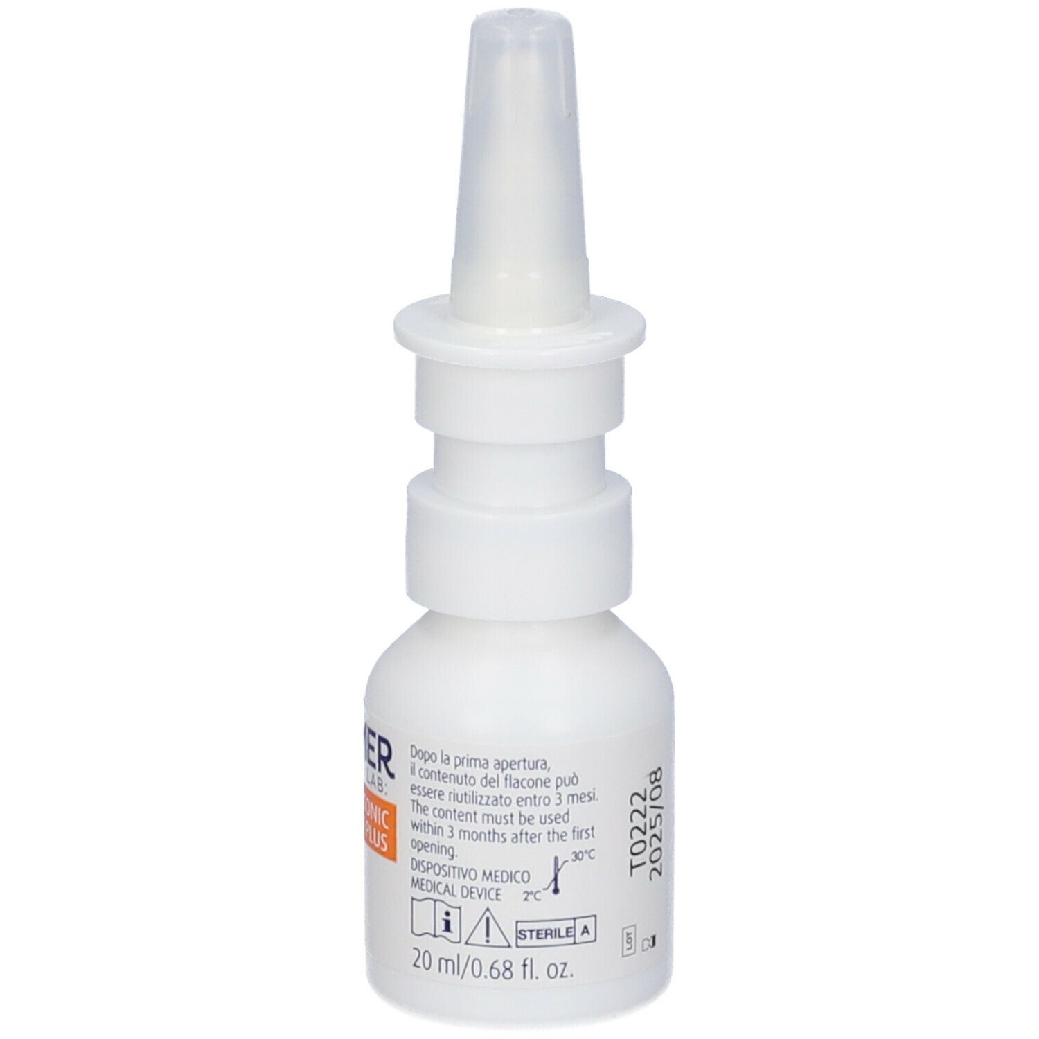 Weiße Nasenspray-Flasche mit Applikator. Medizinprodukt, 20ml.
