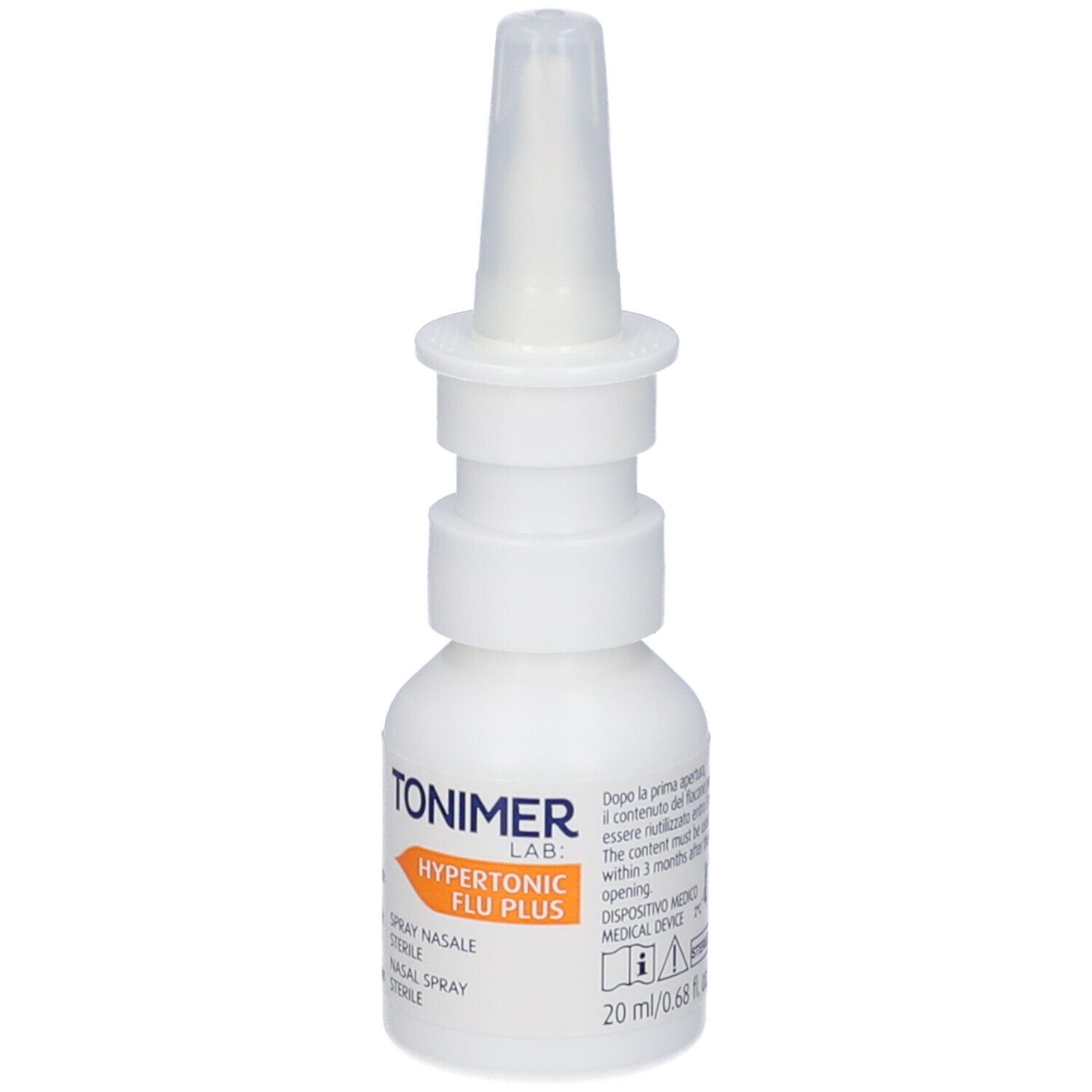 Weiße Nasenspray-Flasche mit Applikator. Medizinprodukt, 20ml.