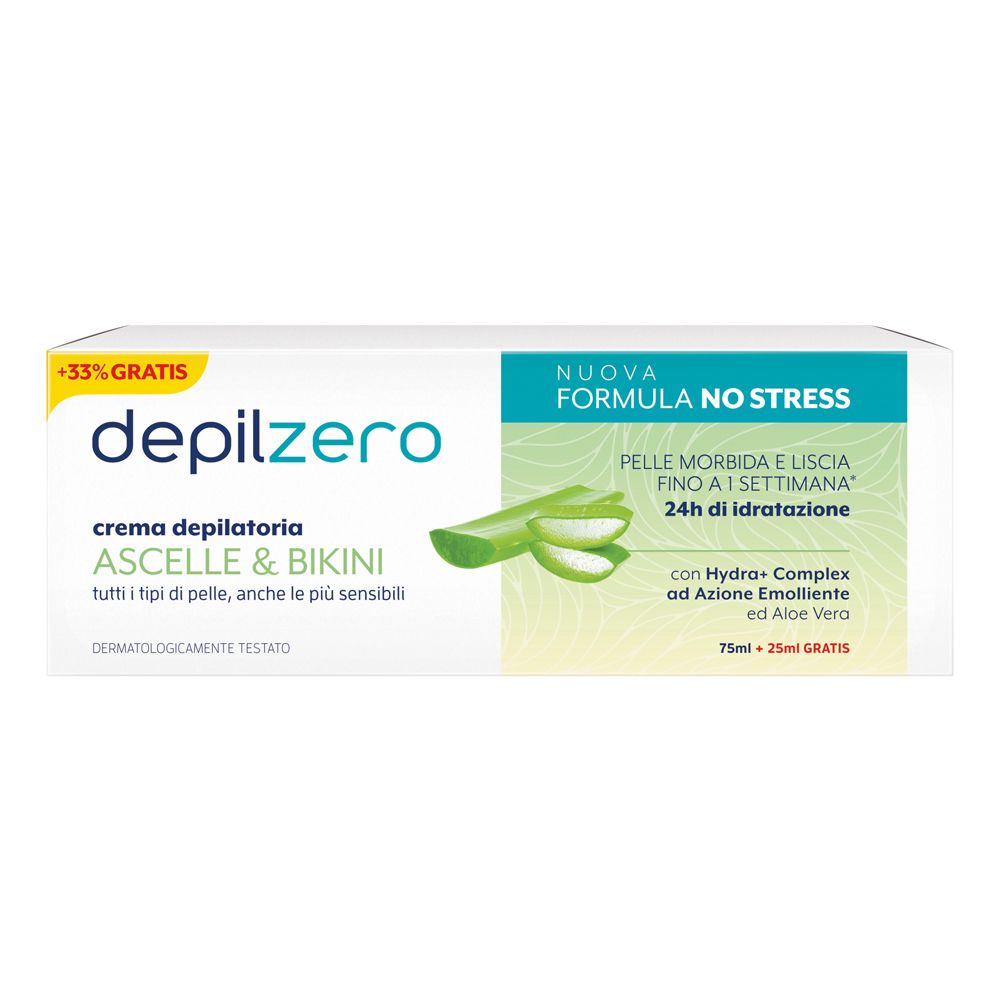 Confezione Depilzero Crema Ascelle & Bikini. Illustrazione aloe vera. Testo: 'Nuova Formula No Stress'.