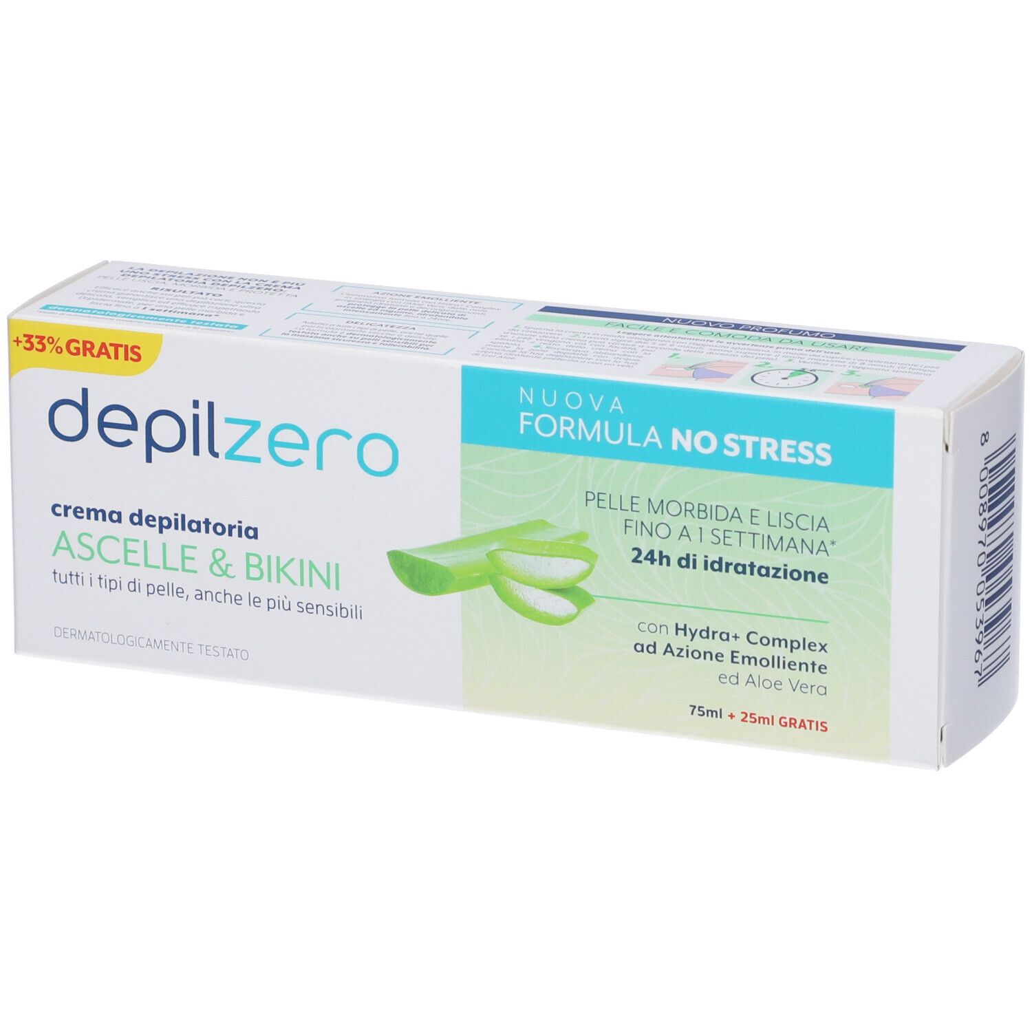 Confezione Depilzero Crema Ascelle & Bikini. Illustrazione aloe vera. Testo: 'Nuova Formula No Stress'.