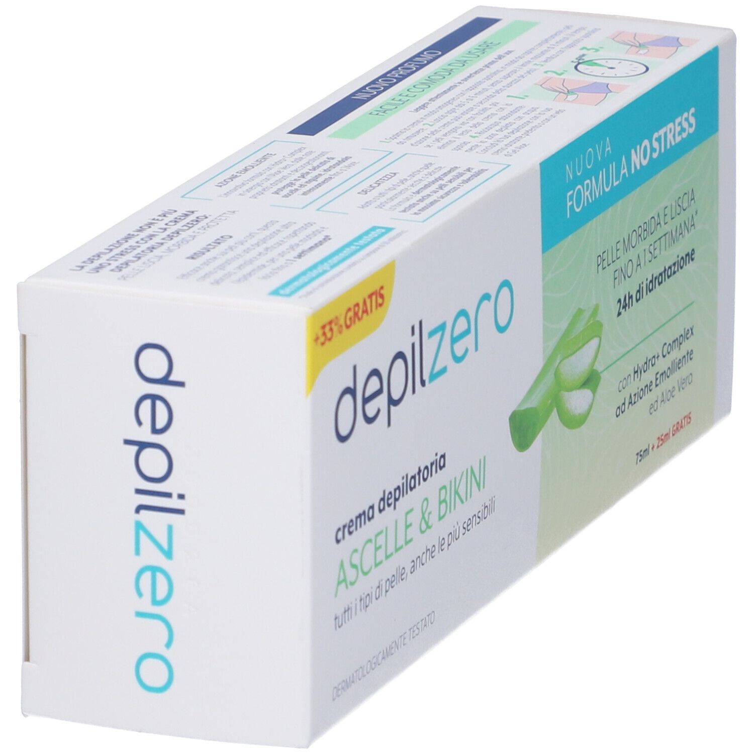 Confezione Depilzero Crema Ascelle & Bikini. Illustrazione aloe vera. Testo: 'Nuova Formula No Stress'.