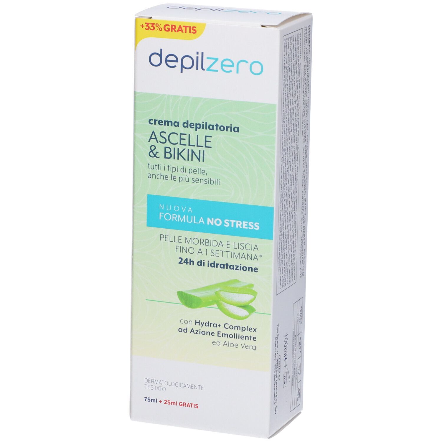 Confezione Depilzero Crema Ascelle & Bikini. Illustrazione aloe vera. Testo: 'Nuova Formula No Stress'.
