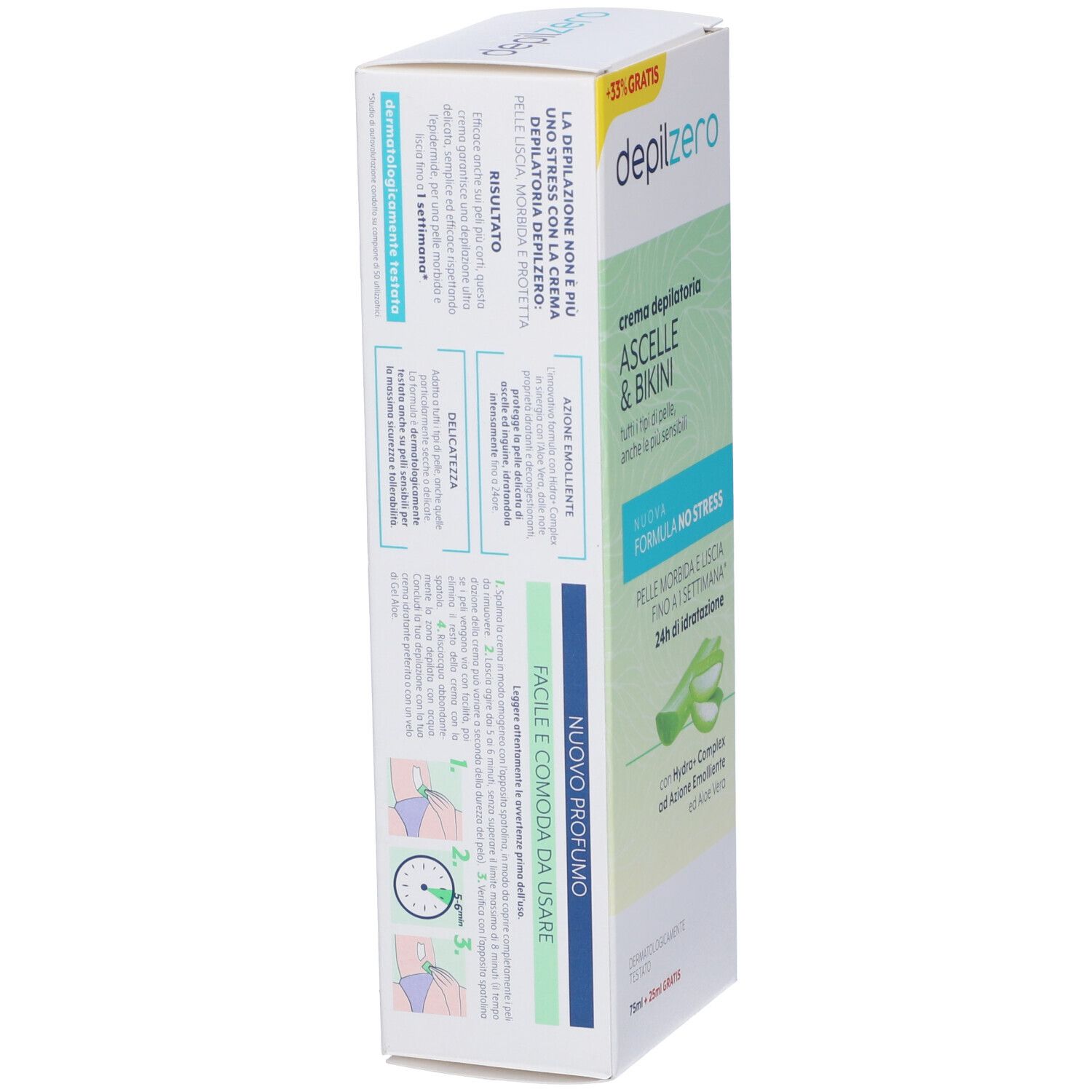 Confezione Depilzero Crema Ascelle & Bikini. Illustrazione aloe vera. Testo: 'Nuova Formula No Stress'.