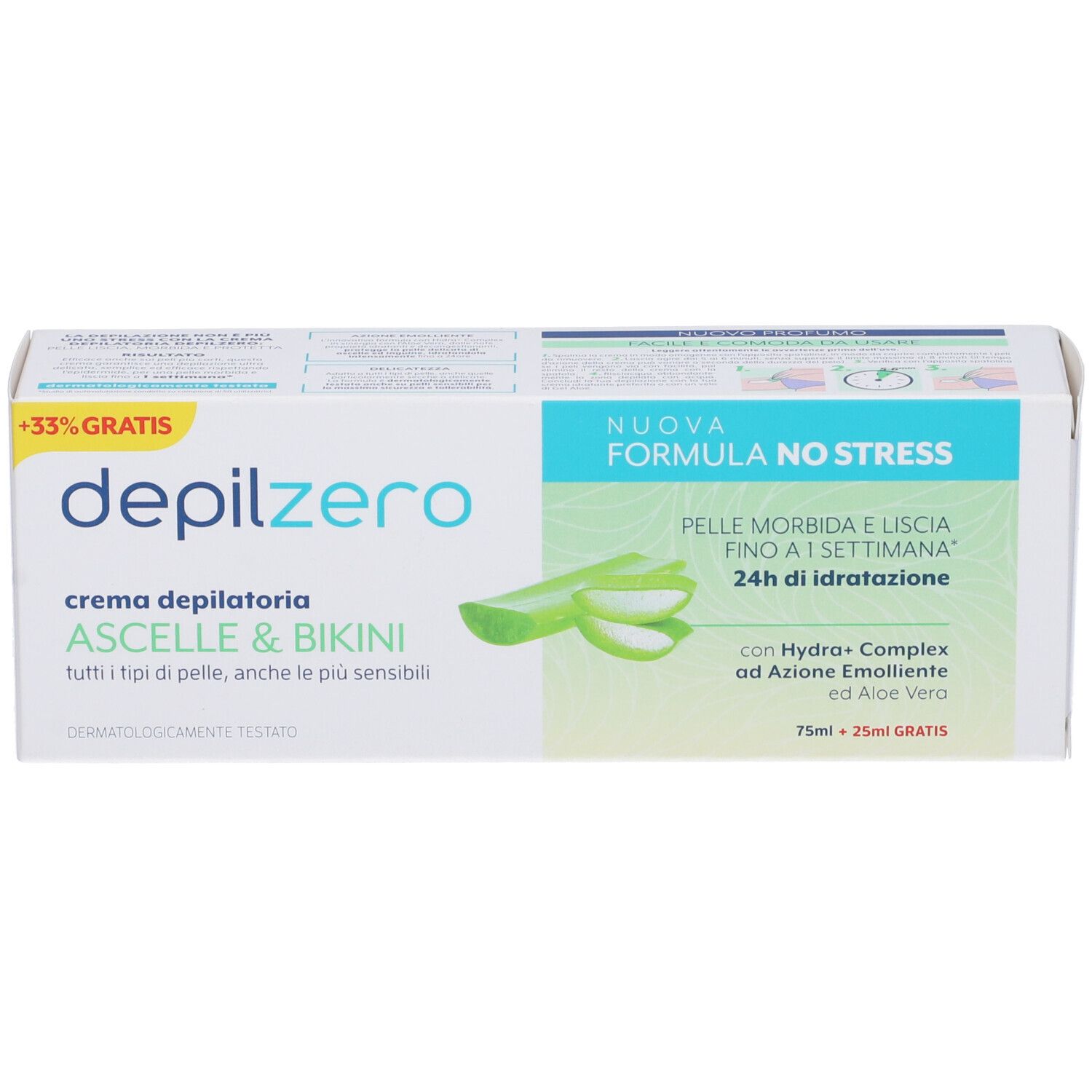 Confezione Depilzero Crema Ascelle & Bikini. Illustrazione aloe vera. Testo: 'Nuova Formula No Stress'.