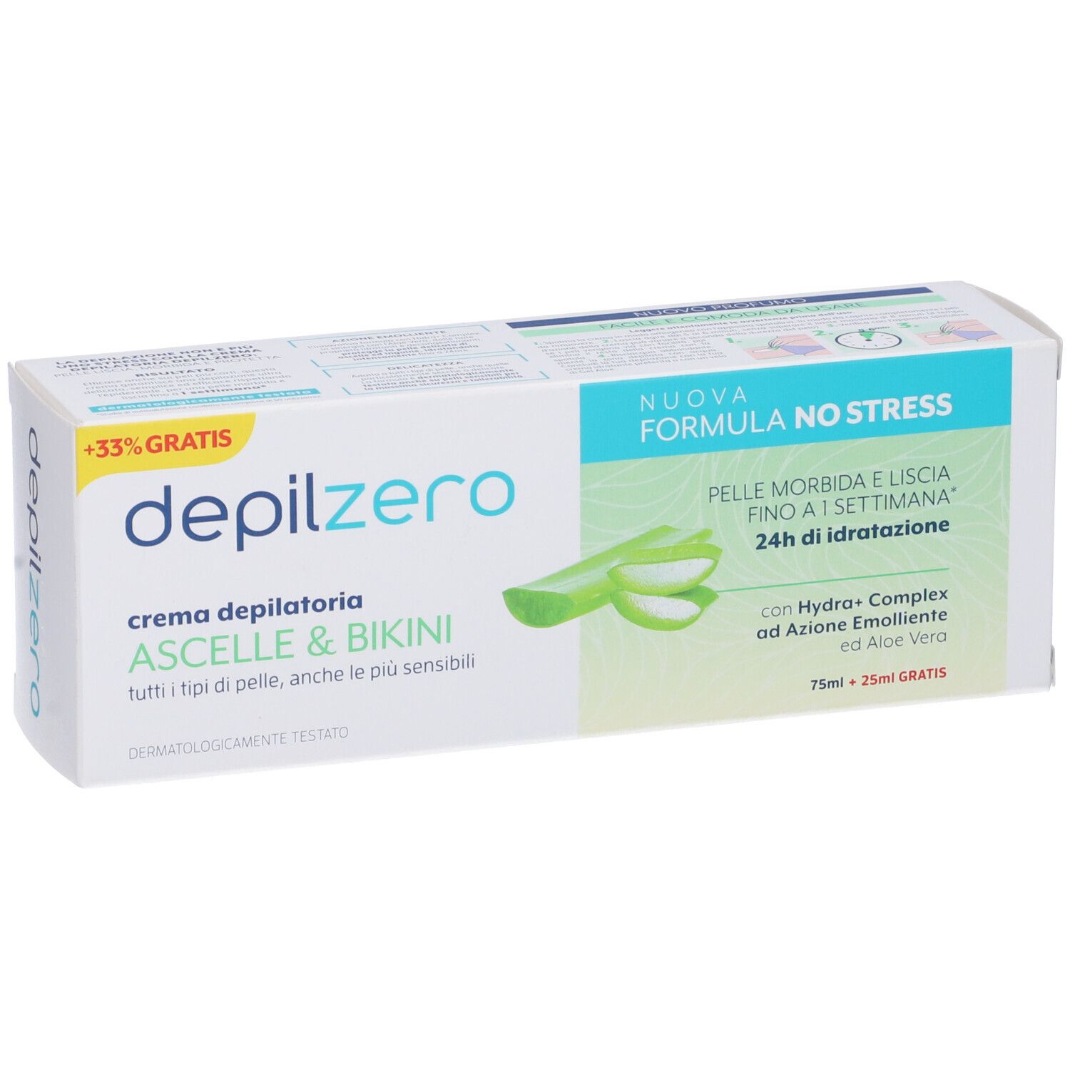 Confezione Depilzero Crema Ascelle & Bikini. Illustrazione aloe vera. Testo: 'Nuova Formula No Stress'.