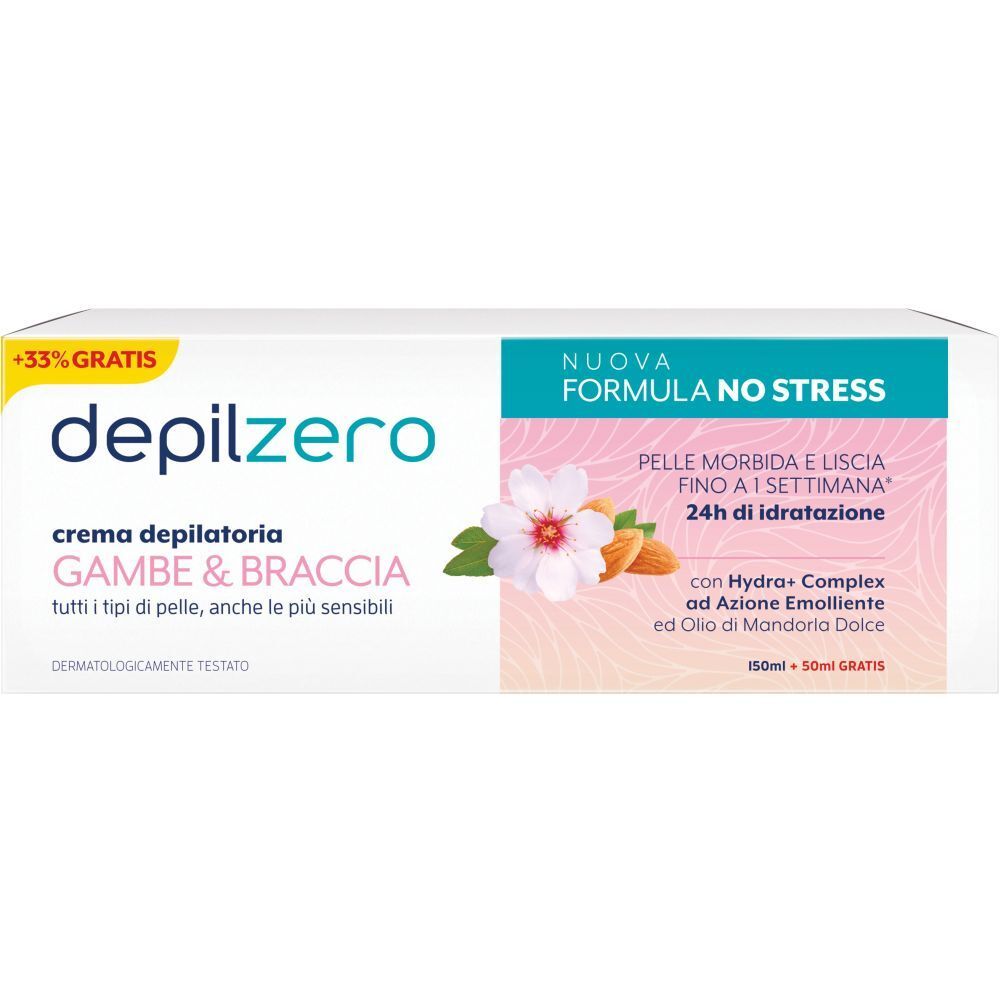 Confezione di crema Depilzero. Testo: Crema depilatoria Gambe & Braccia. Design floreale e informazioni.