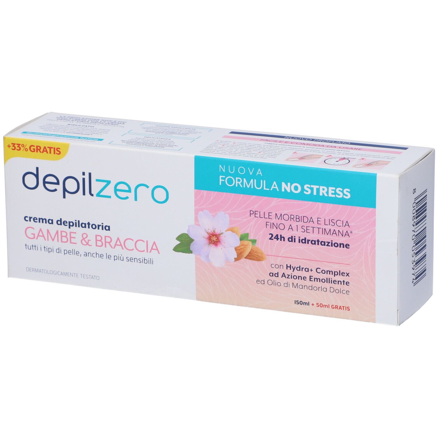 Confezione di crema Depilzero. Testo: Crema depilatoria Gambe & Braccia. Design floreale e informazioni.