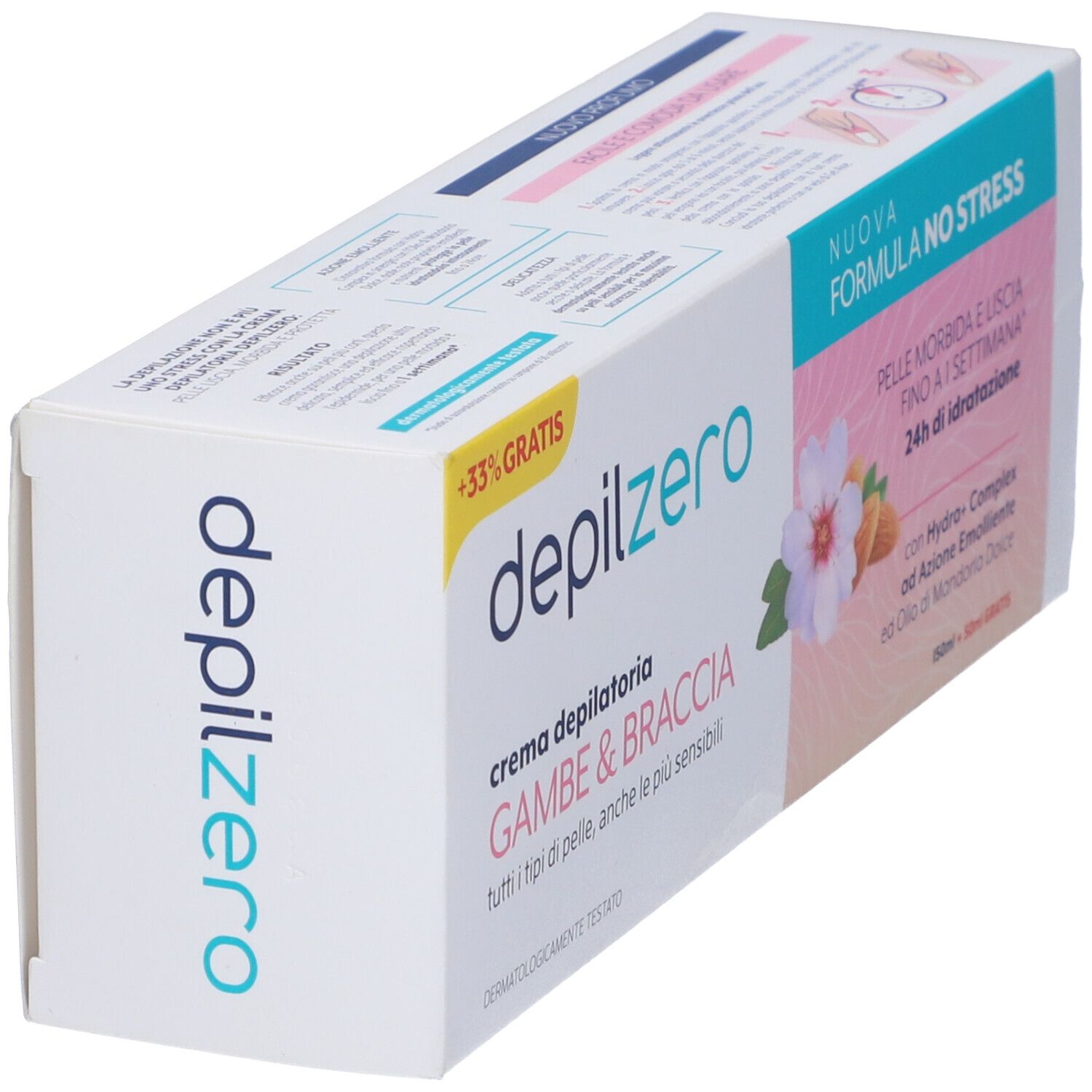 Confezione di crema Depilzero. Testo: Crema depilatoria Gambe & Braccia. Design floreale e informazioni.
