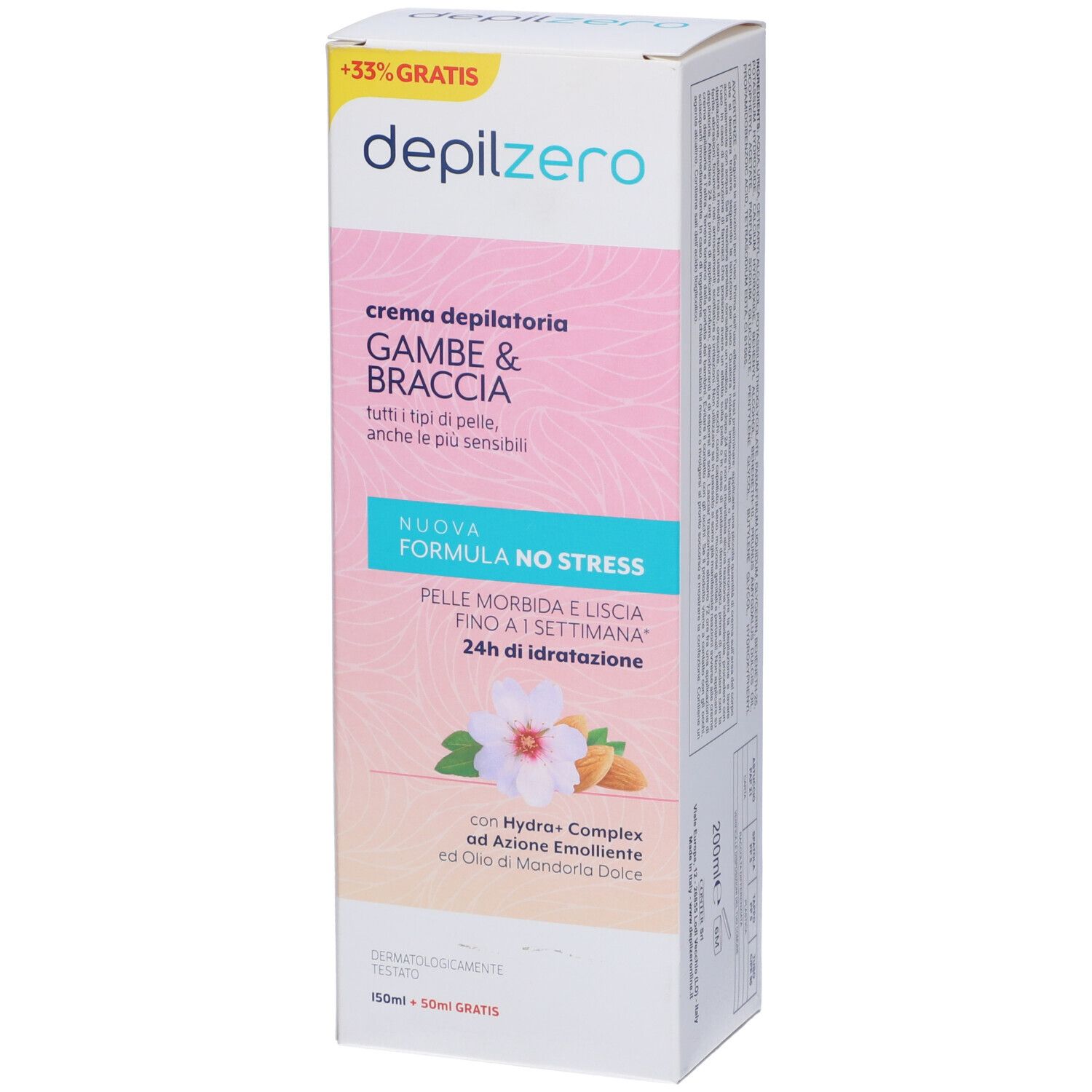 Confezione di crema Depilzero. Testo: Crema depilatoria Gambe & Braccia. Design floreale e informazioni.