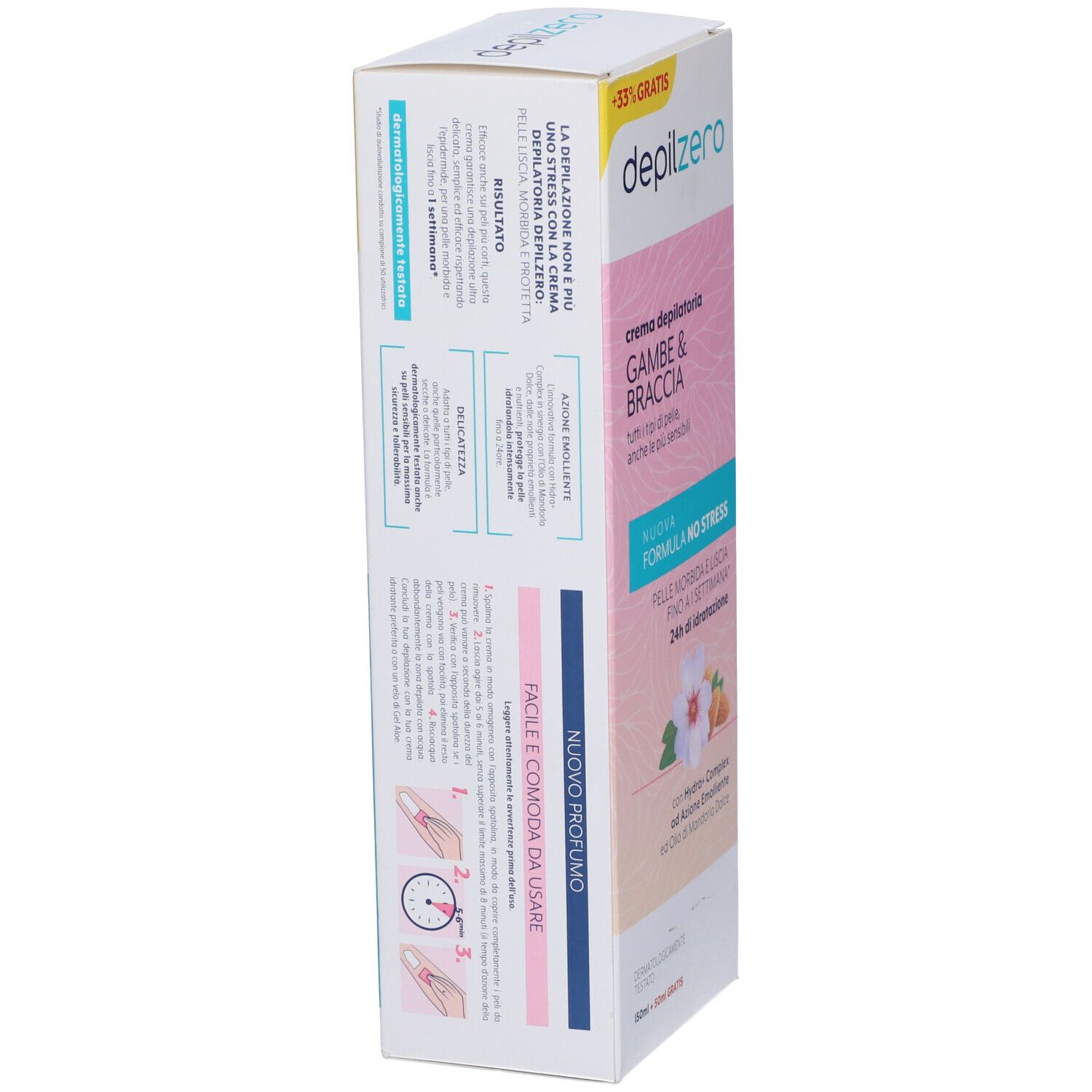 Confezione di crema Depilzero. Testo: Crema depilatoria Gambe & Braccia. Design floreale e informazioni.