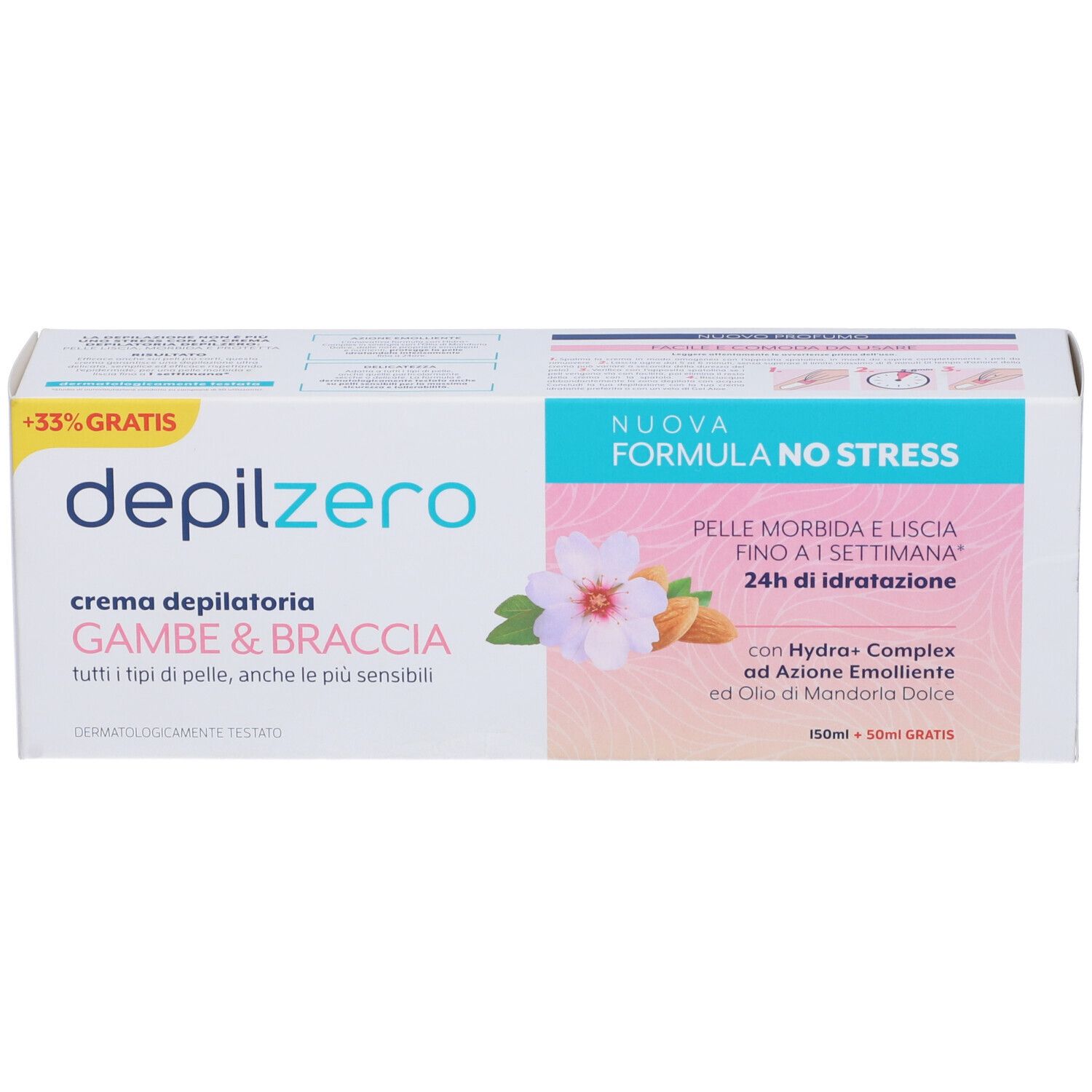 Confezione di crema Depilzero. Testo: Crema depilatoria Gambe & Braccia. Design floreale e informazioni.