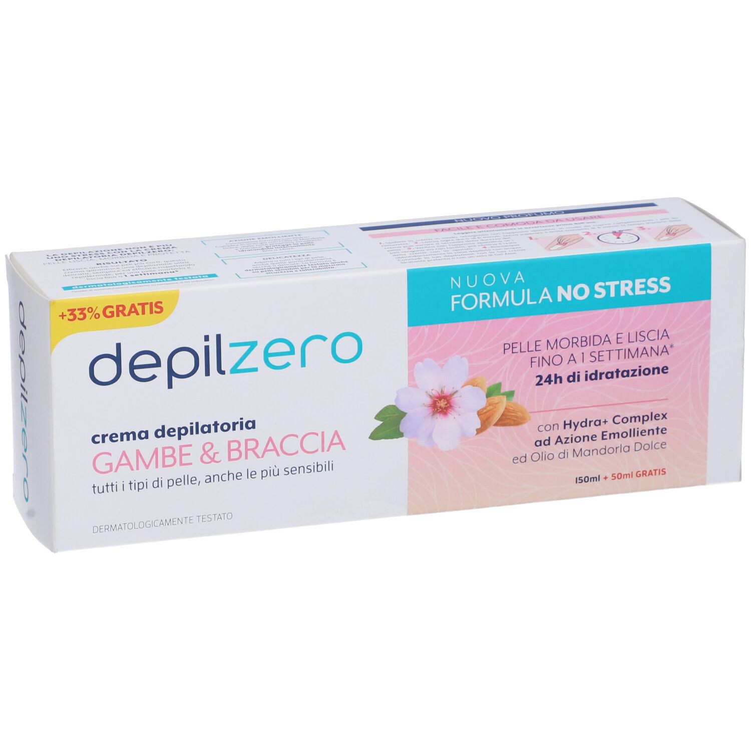 Confezione di crema Depilzero. Testo: Crema depilatoria Gambe & Braccia. Design floreale e informazioni.