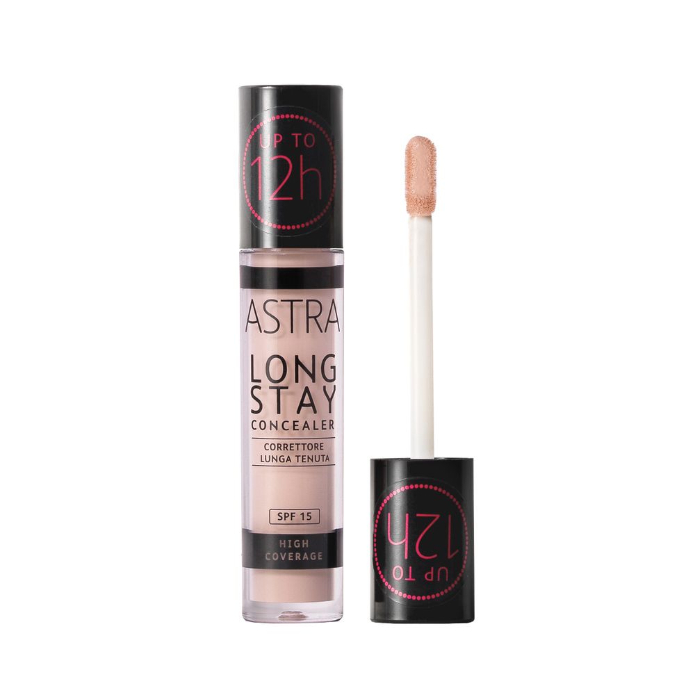 Tubo correttore con applicatore. Marchio ASTRA, LONG STAY CONCEALER. Tonalità 1C. SPF 15.