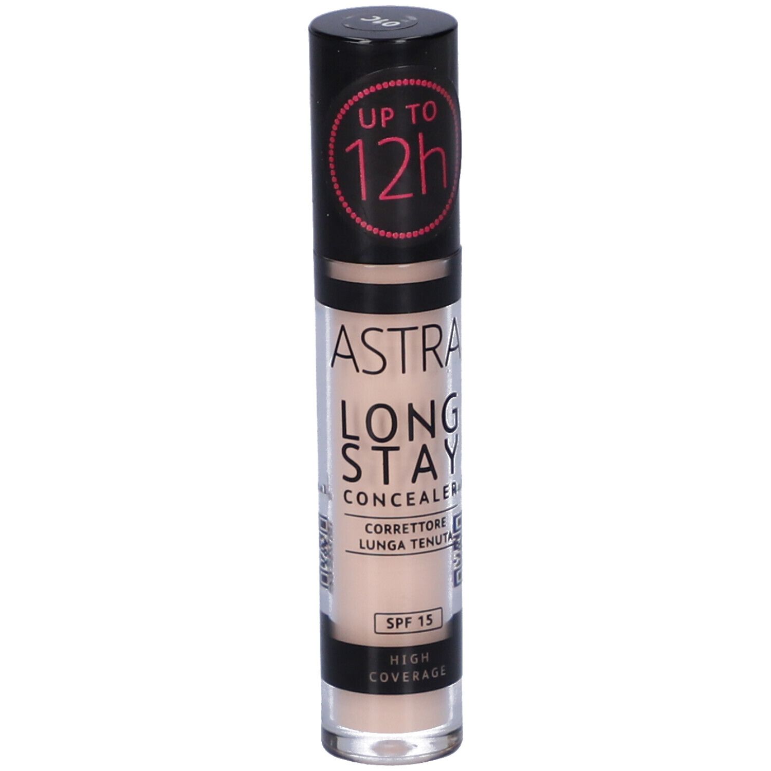 Tubo correttore. Marchio ASTRA, LONG STAY CONCEALER. Tonalità 1C. Tappo nero. Etichetta.
