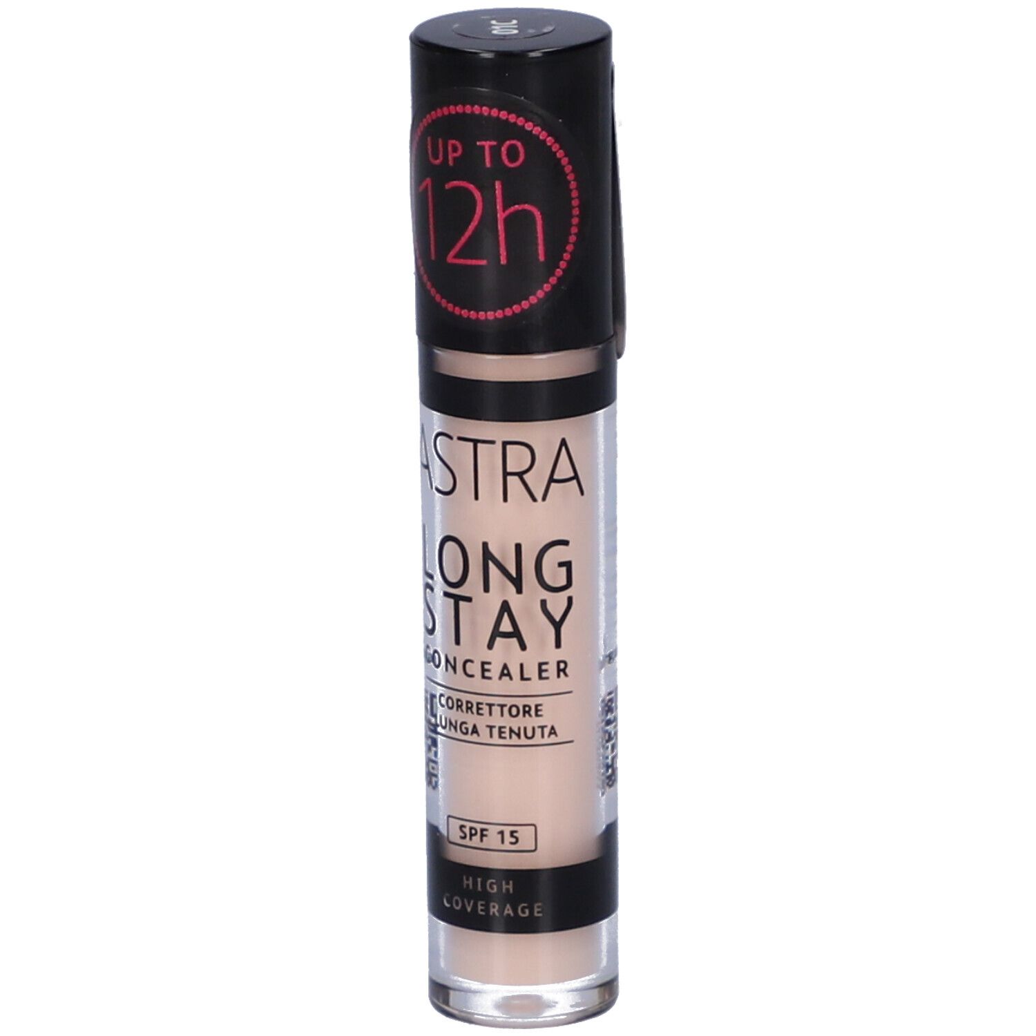 Tubo correttore. Marchio ASTRA, LONG STAY CONCEALER. Tonalità 1C. Tappo nero. Etichetta.