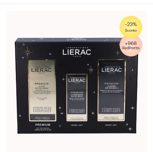 Cofanetto regalo Lierac Premium. Contiene tre prodotti in una scatola nera con stelle. Scritte: Lierac, Premium, Anti-Age Assoluto.