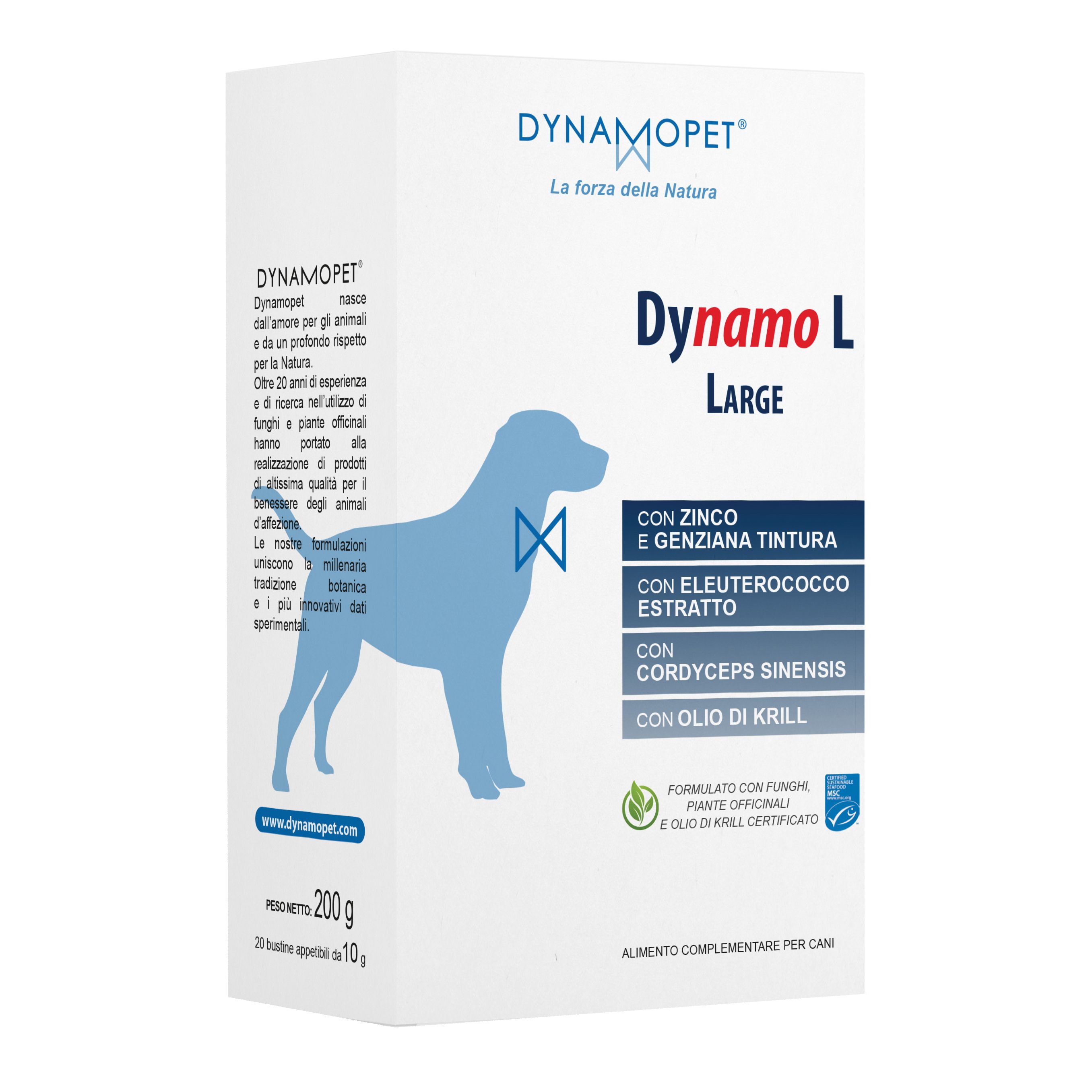 Scatola bianca Dynamo L Large per cani. Contiene zinco, genziana, eleuterococco, cordyceps e olio di krill.