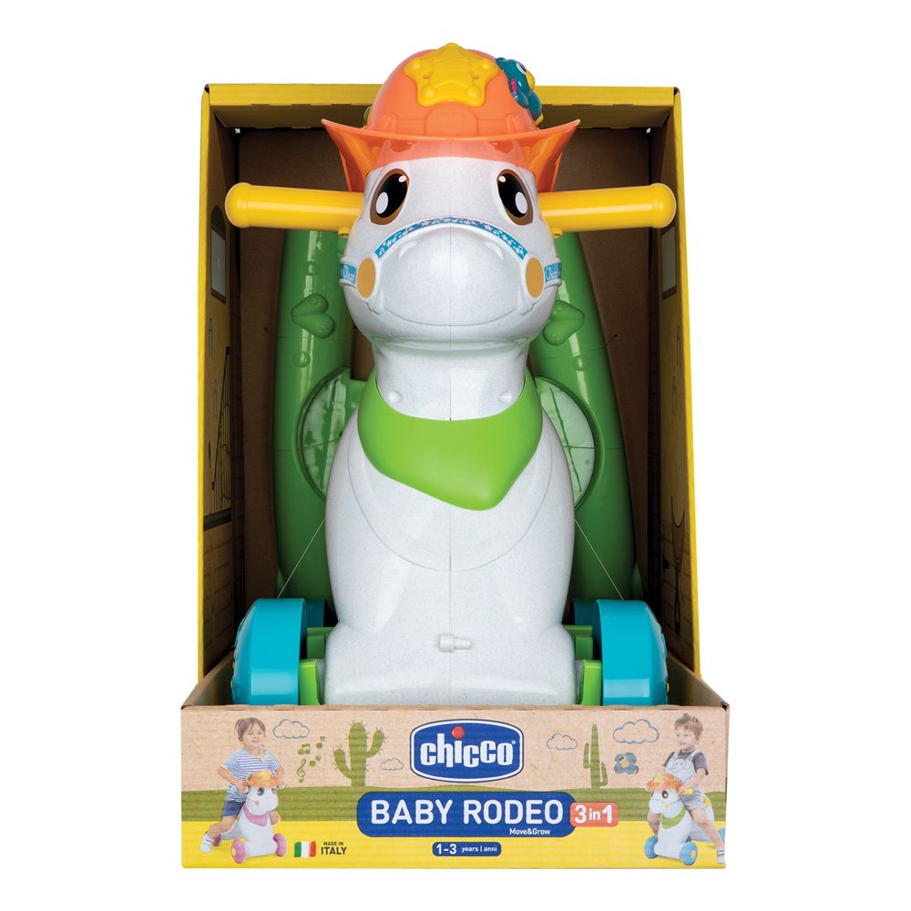 Cavallo giocattolo in confezione. Bianco, verde, arancione. Con maniglie e ruote. Marchio Chicco, modello Baby Rodeo 3in1.
