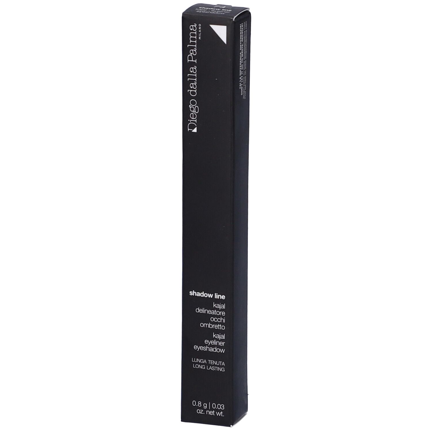 Confezione nera con informazioni sul prodotto. Marchio Diego Dalla Palma. Testo: Shadow Line Kajal Eyeliner. 0.8g/0.03 oz. net wt.