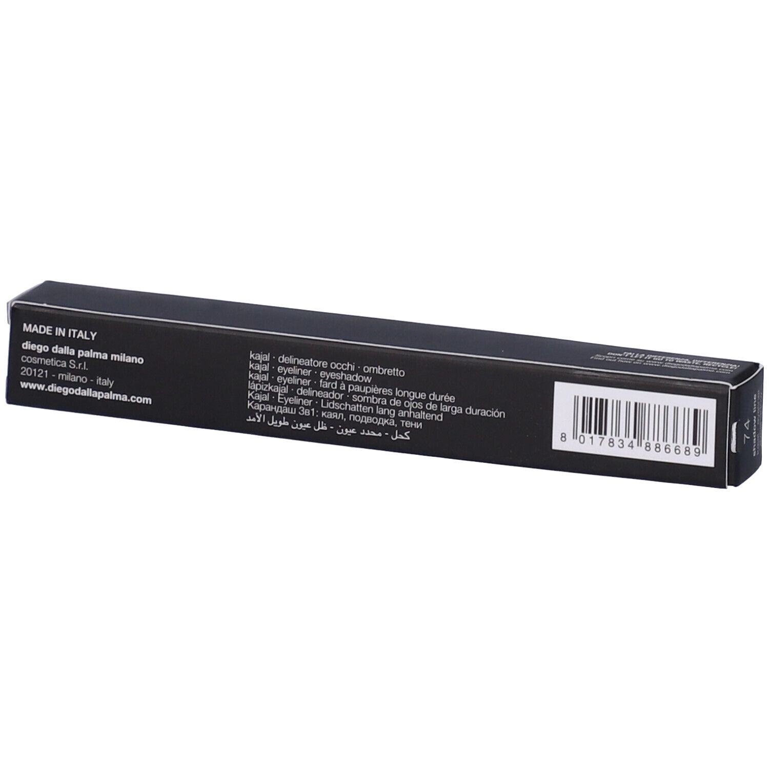 Confezione nera con informazioni sul prodotto. Marchio Diego Dalla Palma. Testo: Kajal Eyeliner. Codice a barre e luogo di produzione: Made in Italy.