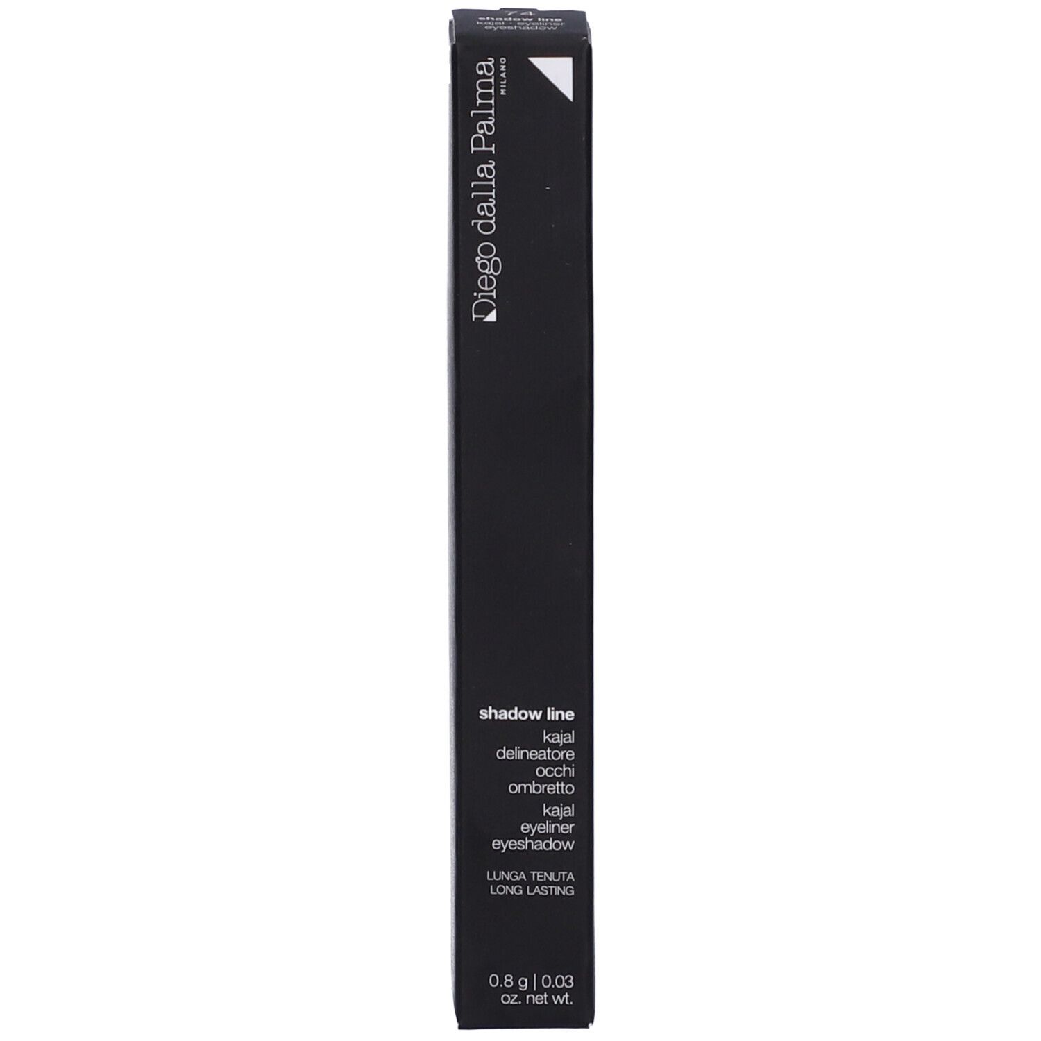 Confezione nera con informazioni sul prodotto. Marchio Diego Dalla Palma. Testo: Shadow Line Kajal Eyeliner. 0.8g/0.03 oz. net wt.