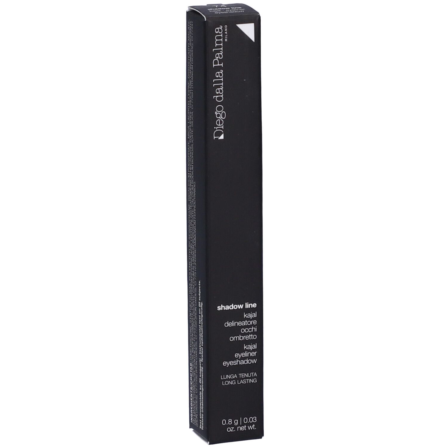 Confezione nera con informazioni sul prodotto. Marchio Diego Dalla Palma. Testo: Shadow Line Kajal Eyeliner. 0.8g/0.03 oz. net wt.