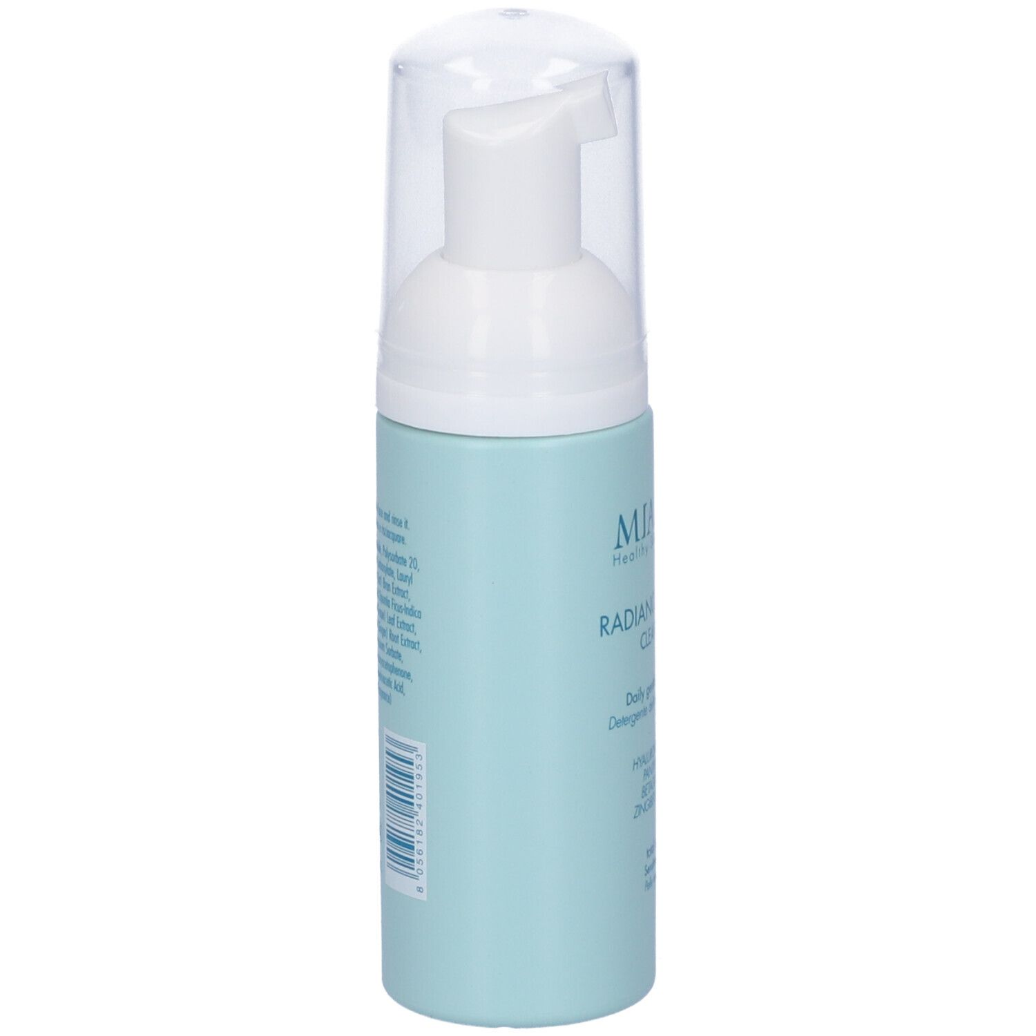 Flacone azzurro con erogatore bianco. Sul lato codice a barre e testo. Nome prodotto: Radiance Foam Cleanser.