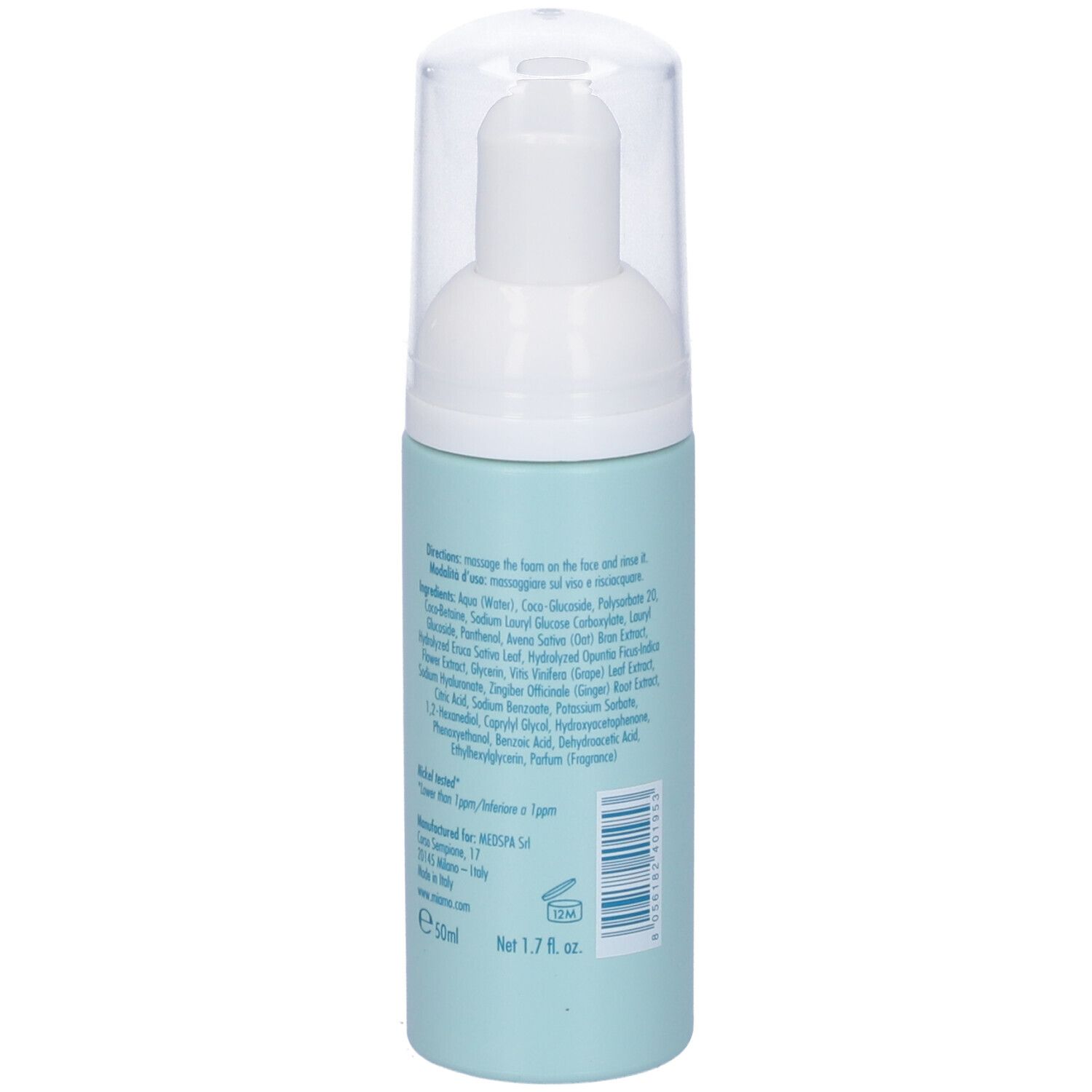Flacone azzurro con erogatore bianco. Retro con ingredienti e istruzioni. Contenuto netto: 1,7 fl. oz.