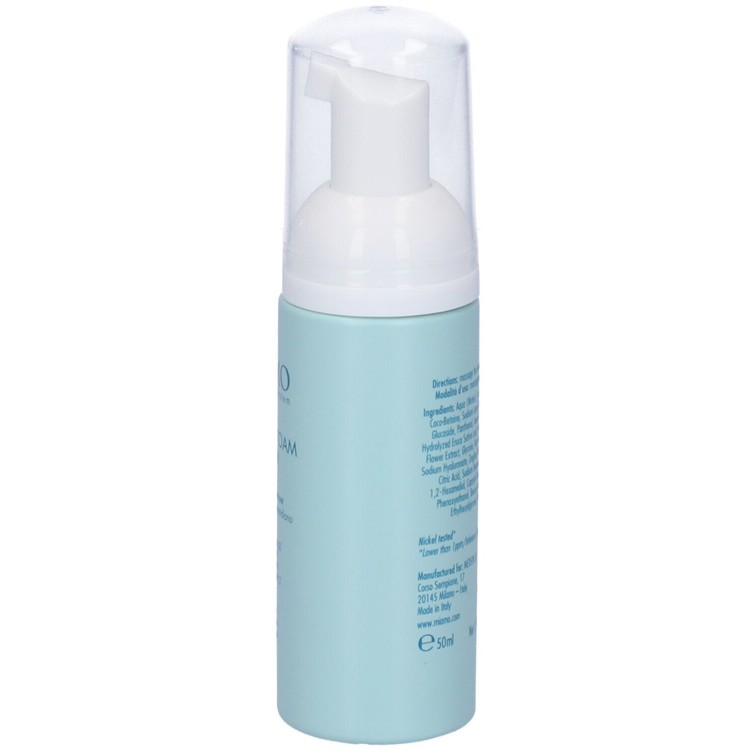 Flacone azzurro con erogatore bianco. Lato con testo e codice a barre. Nome prodotto: Radiance Foam Cleanser. Contenuto netto: 50ml.