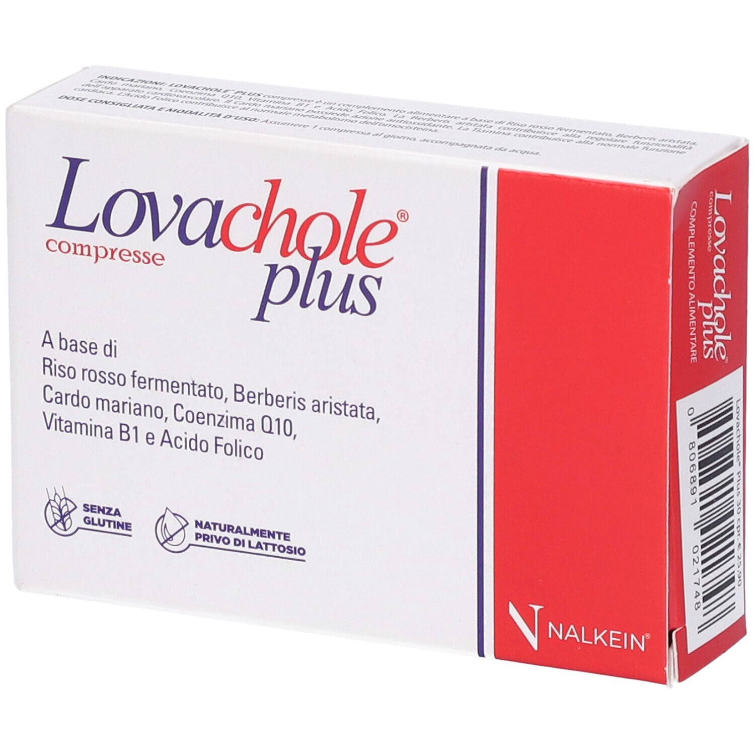Scatola bianca e rossa. Scritta: Lovachole plus compresse. Contiene riso rosso fermentato, cardo mariano e vitamina B1.
