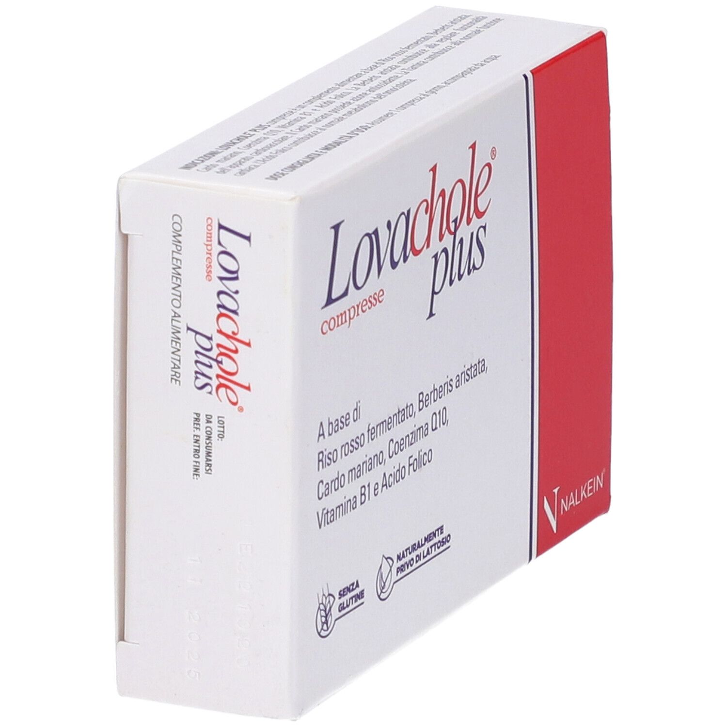 Scatola Lovachole plus compresse, vista obliqua. Confezione rossa e bianca. Contiene riso rosso e cardo mariano.