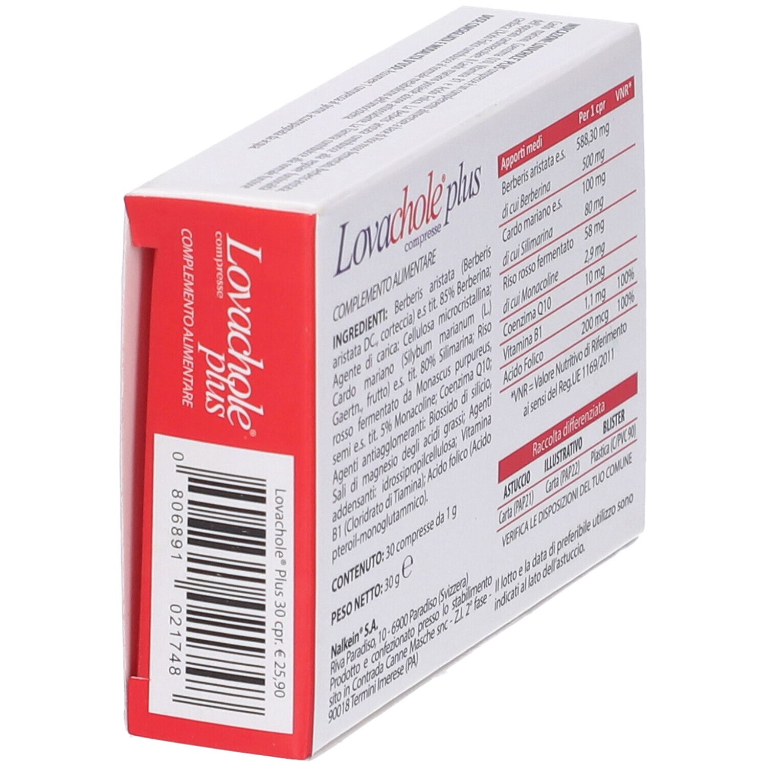 Scatola Lovachole plus compresse, vista obliqua. Contiene berberis, cardo mariano e coenzima Q10.