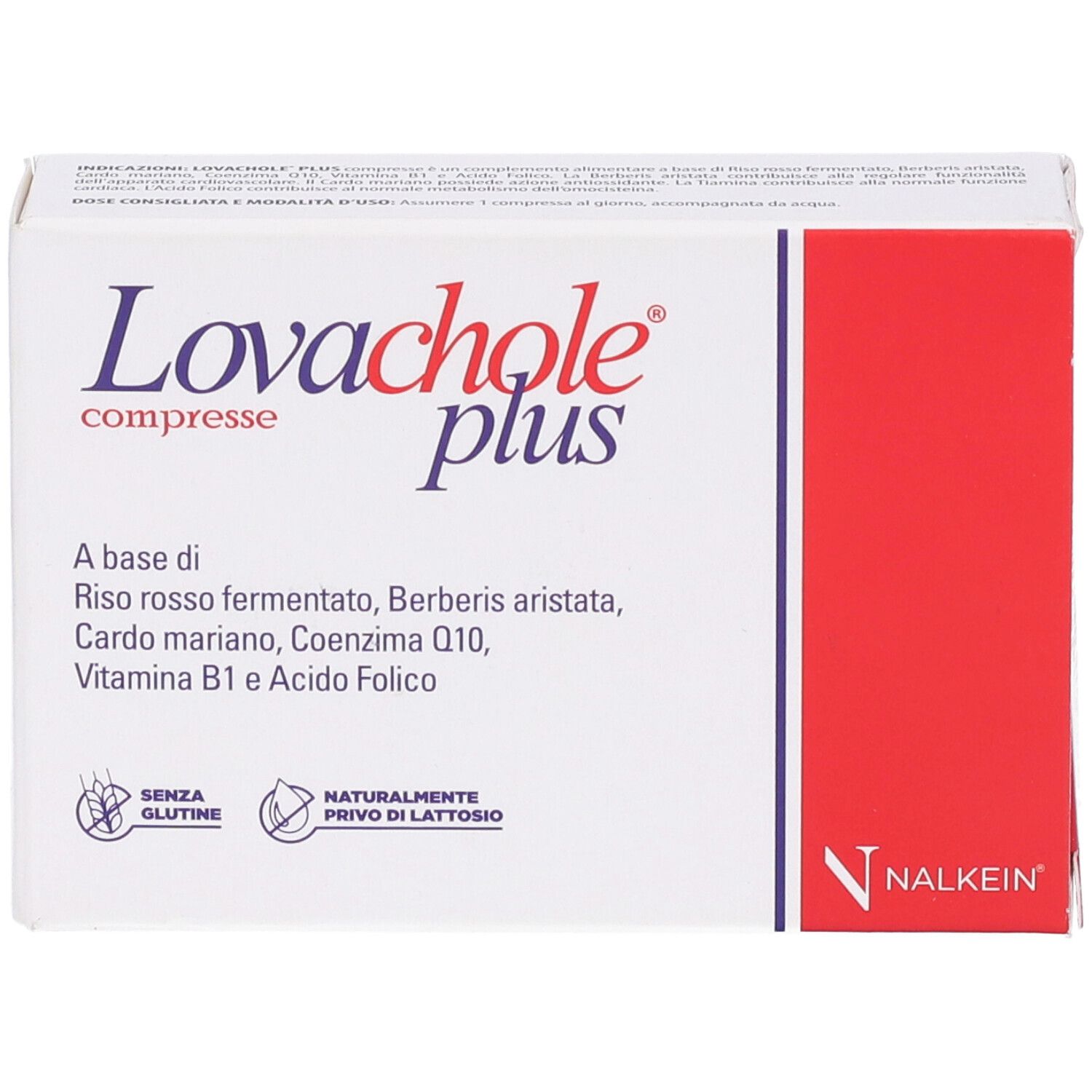 Scatola bianca e rossa. Scritta: Lovachole plus compresse. Contiene riso rosso fermentato, cardo mariano e vitamina B1.