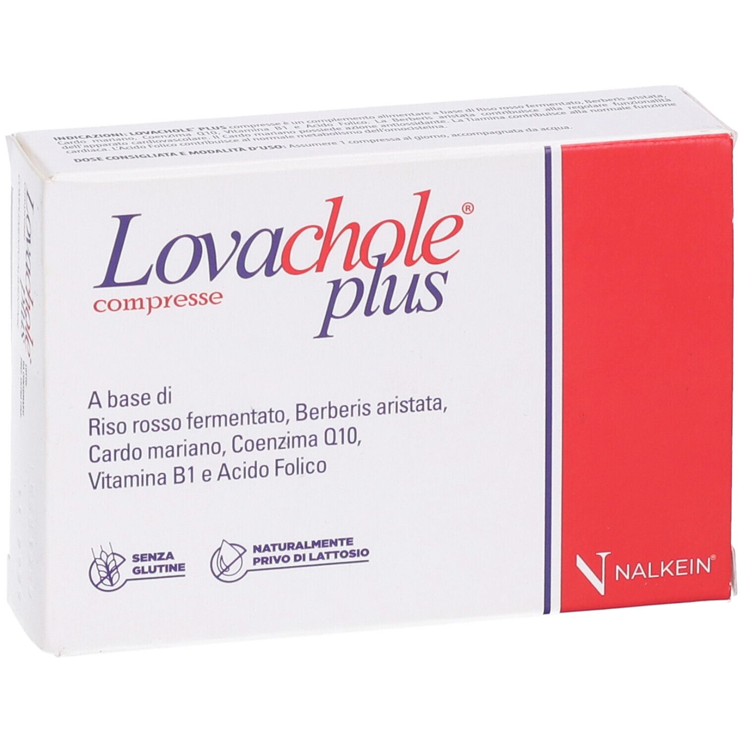 Scatola bianca e rossa. Scritta: Lovachole plus compresse. Contiene riso rosso fermentato, cardo mariano e vitamina B1.