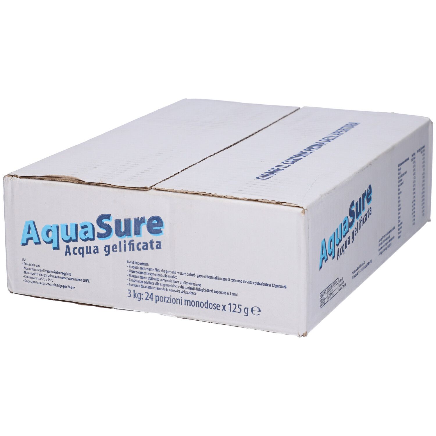 Scatola bianca con logo AquaSure e 'Acqua gelificata'. Stampa: 3 kg, 24 porzioni da 125 g.