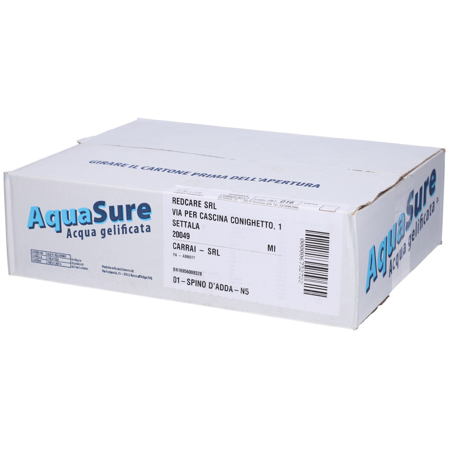 Scatola bianca con logo AquaSure e testo. Scritto: Aqua gelificata. Sul lato: Redcare SRL.