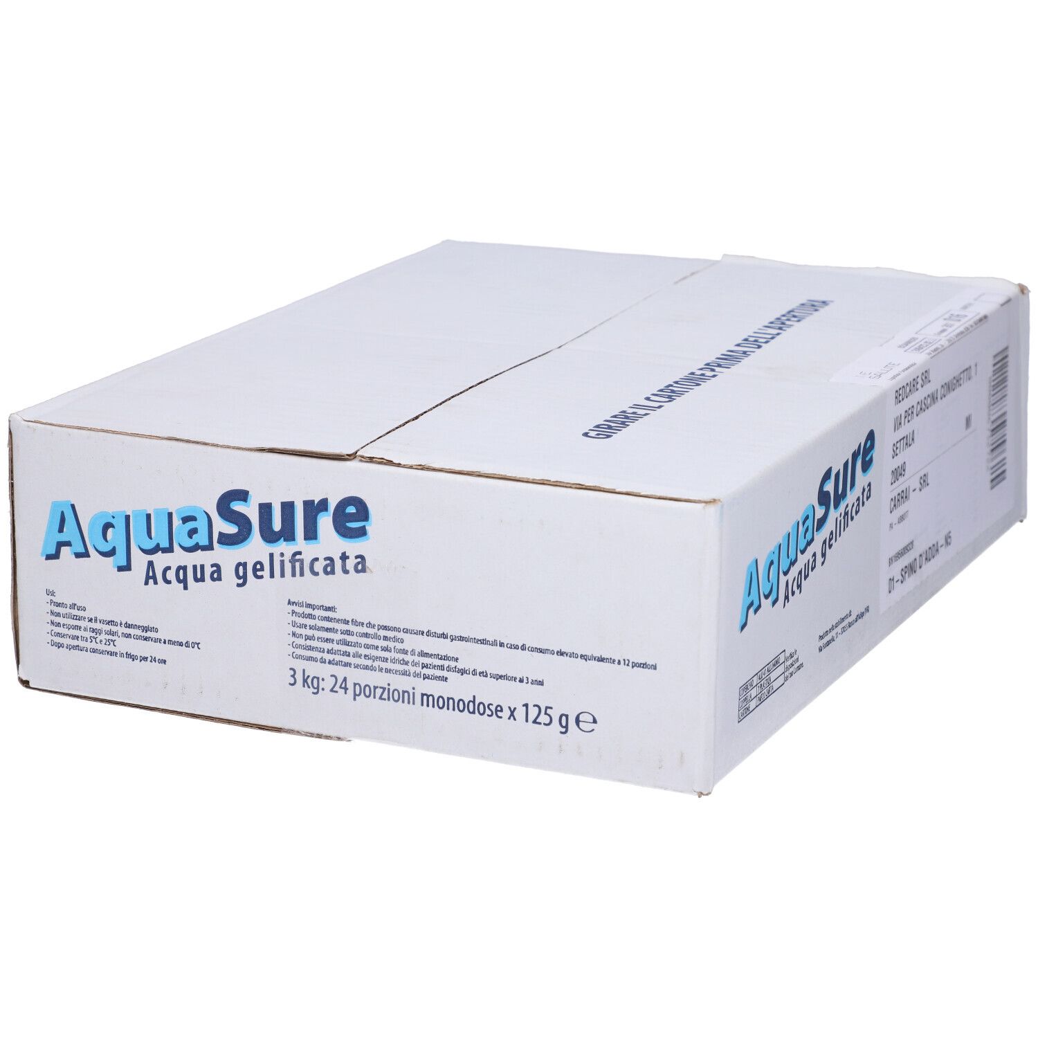 Scatola bianca con logo AquaSure e testo. Scritto: Aqua gelificata. Scritto: 3 kg: 24 porzioni monodose x 125 g e.
