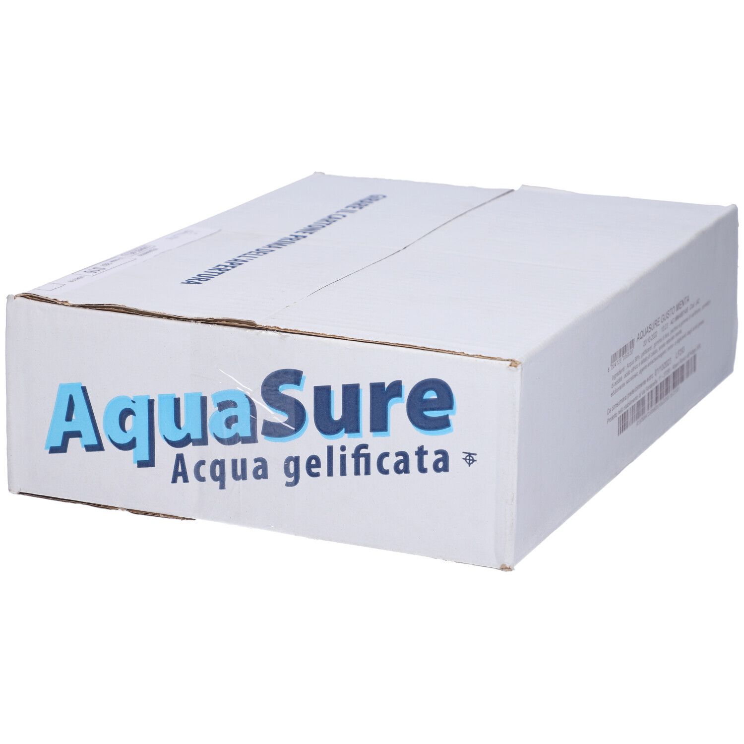Scatola bianca con logo AquaSure e testo. Scritto: Aqua gelificata.