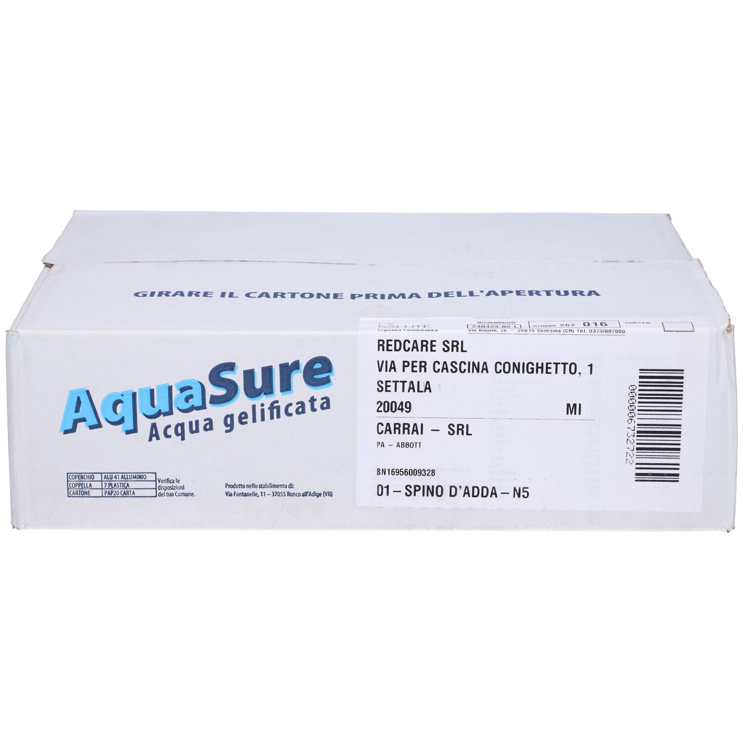 Scatola bianca con logo AquaSure e testo. Scritto: Aqua gelificata. Sul lato: Redcare SRL.