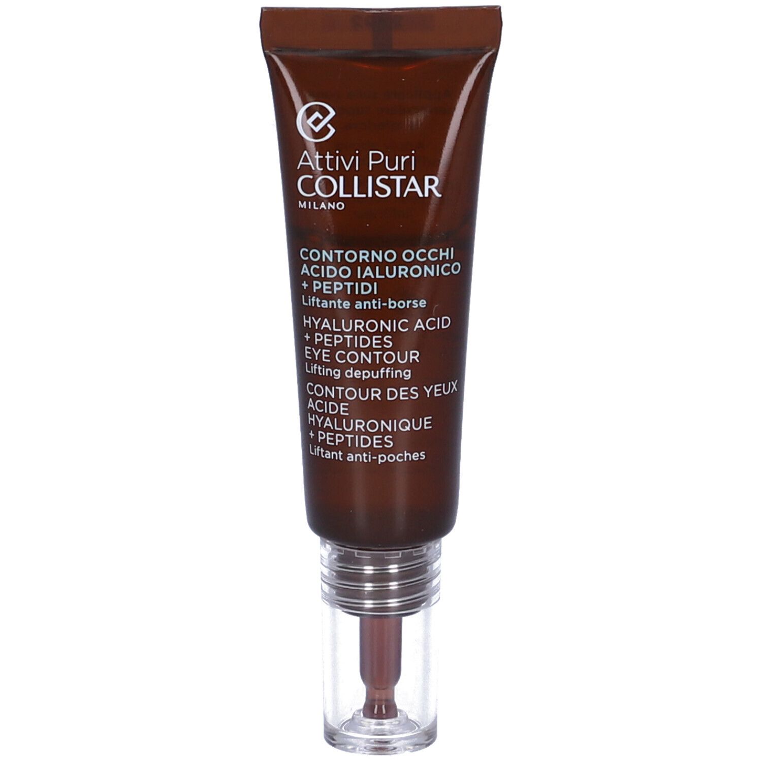 Tubo marrone con applicatore. Scritta: Contorno Occhi Acido Ialuronico + Peptidi. Marchio Collistar.