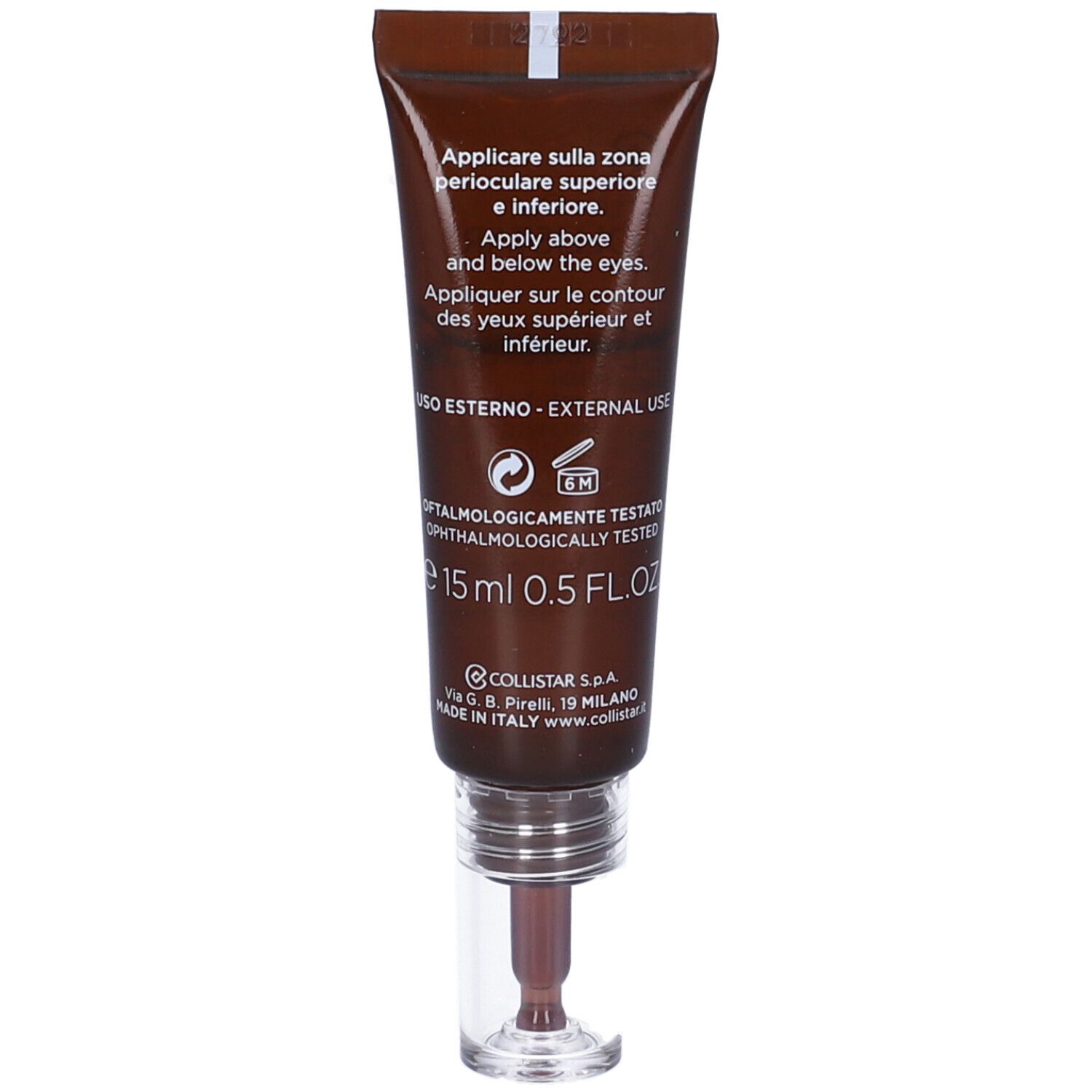 Retro del tubo. Testo multilingue. Scritta: USO ESTERNO - EXTERNAL USE. 15 ml.
