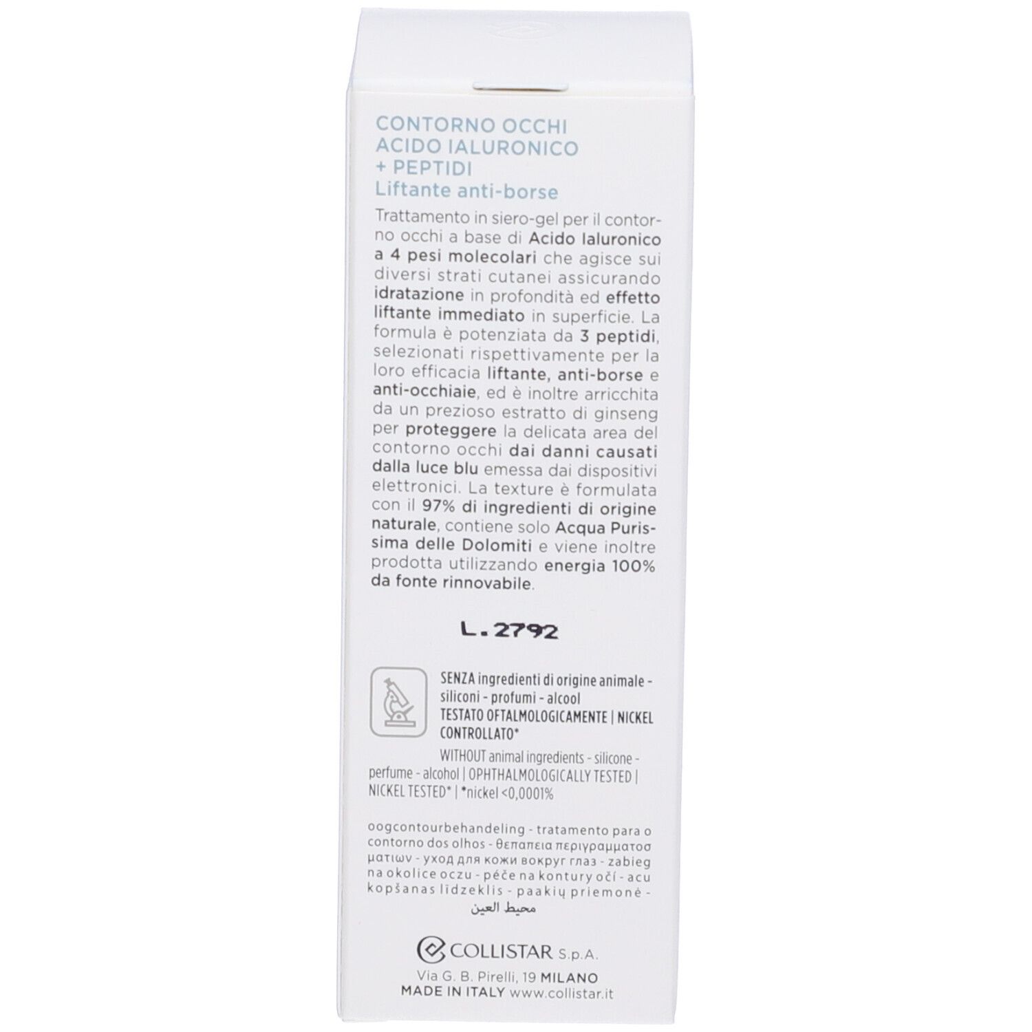 Testo sulla confezione. Descrizione del prodotto. Scritta: Contorno Occhi Acido Ialuronico + Peptidi. Nickel Tested.