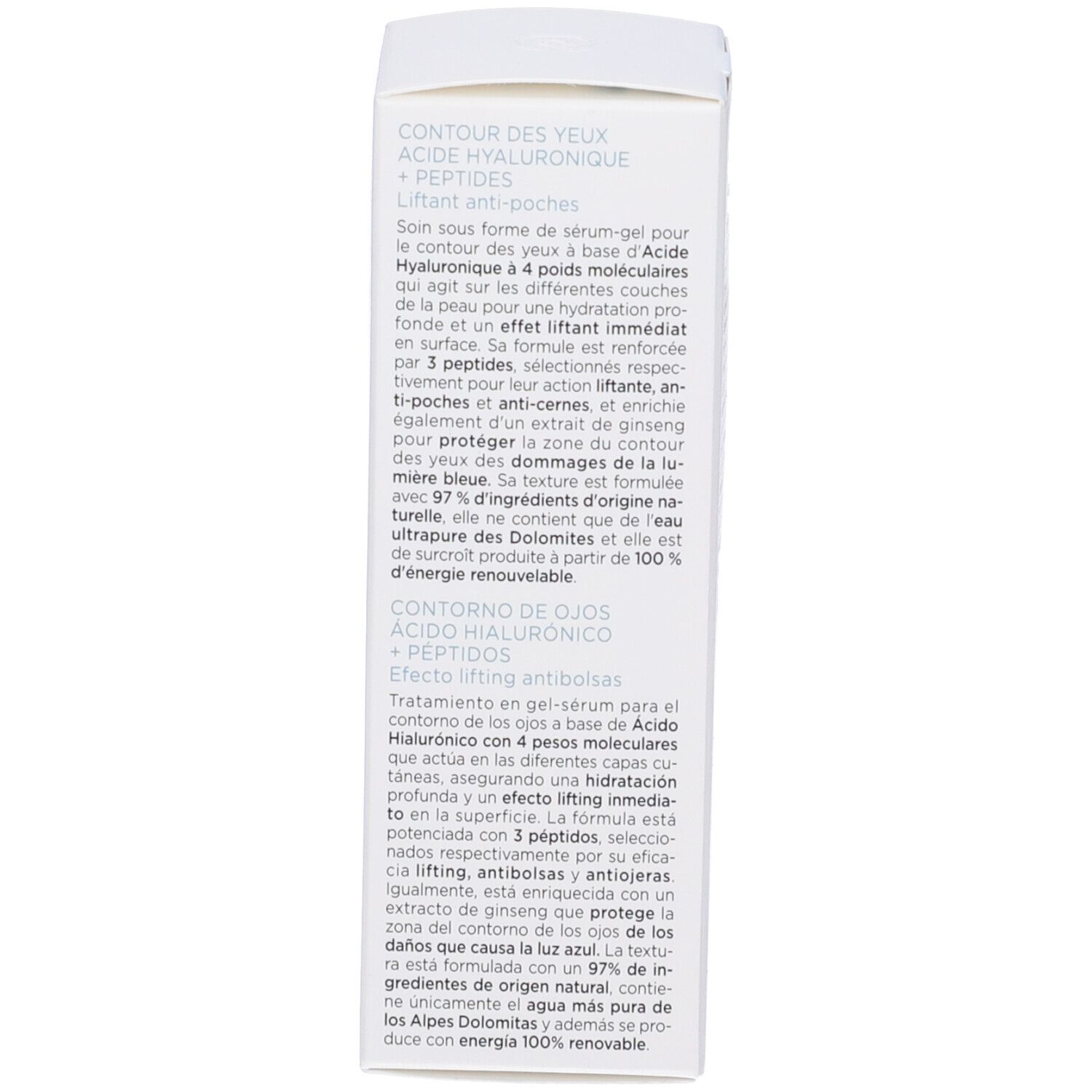 Testo sulla confezione. Descrizione del prodotto. Scritta: Contorno Occhi Acido Ialuronico + Peptidi.