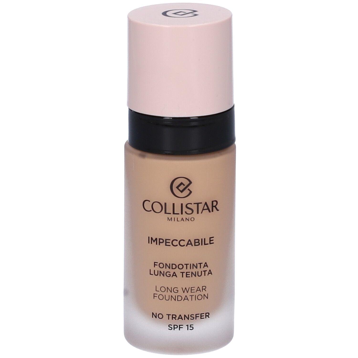 Flacone di fondotinta beige con tappo rosa. Scritte: COLLISTAR MILANO, IMPECCABILE, FONDOTINTA LUNGA TENUTA, LONG WEAR FOUNDATION, NO TRANSFER, SPF 15.
