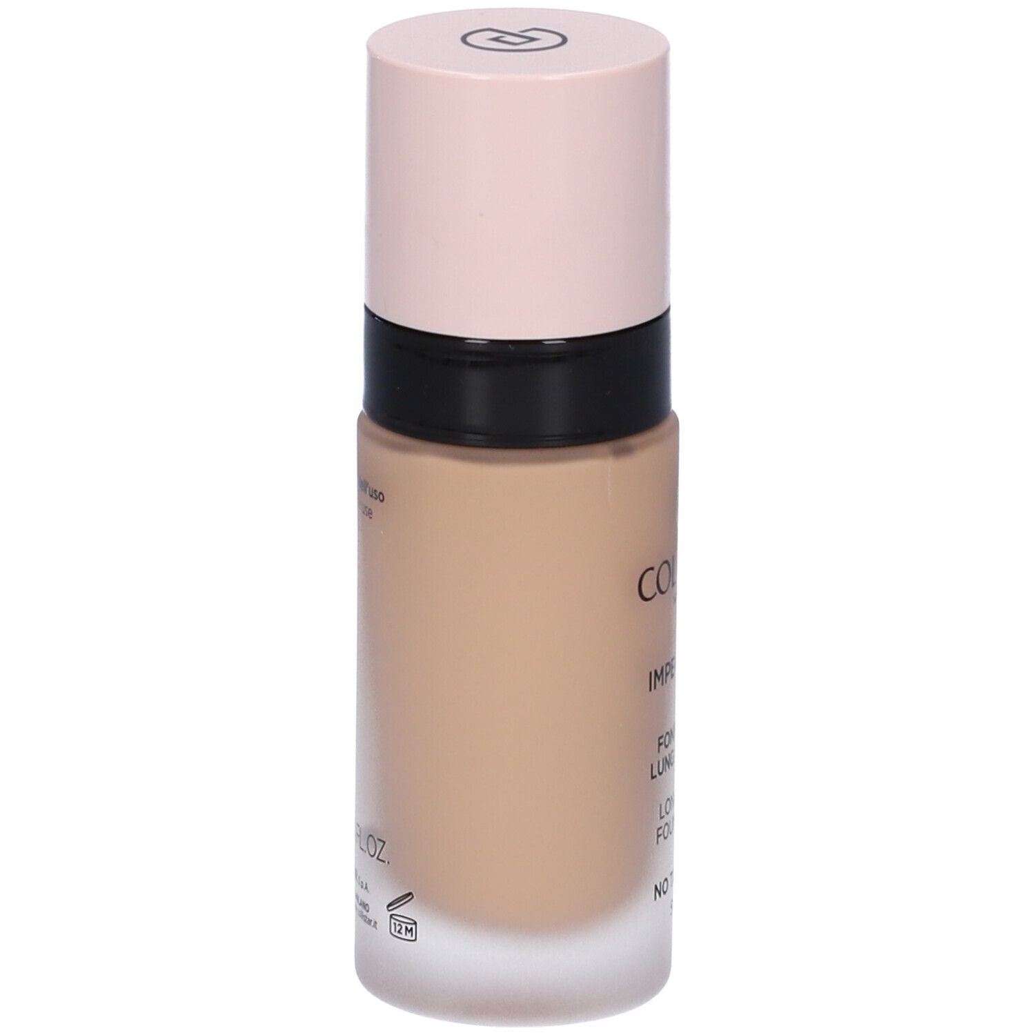 Flacone di fondotinta beige con tappo rosa. Scritte: COLLISTAR, IMPECCABILE, FONDOTINTA LUNGA TENUTA, LONG WEAR FOUNDATION, NO TRANSFER, SPF 15.