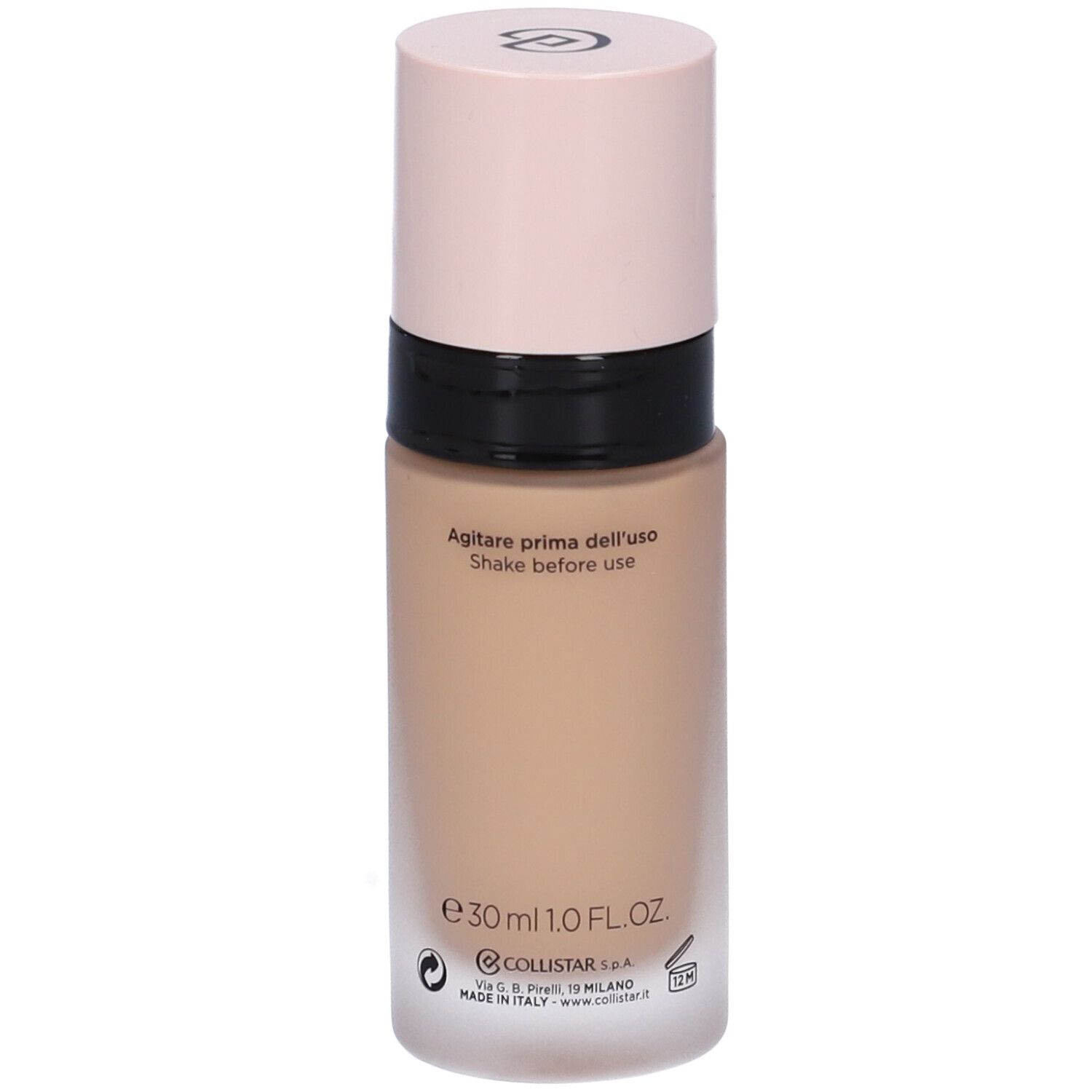 Flacone di fondotinta beige con tappo rosa. Scritte: Agitare prima dell'uso, Shake before use. Sotto: e 30 ml 1.0 FL.OZ., COLLISTAR s.p.a.