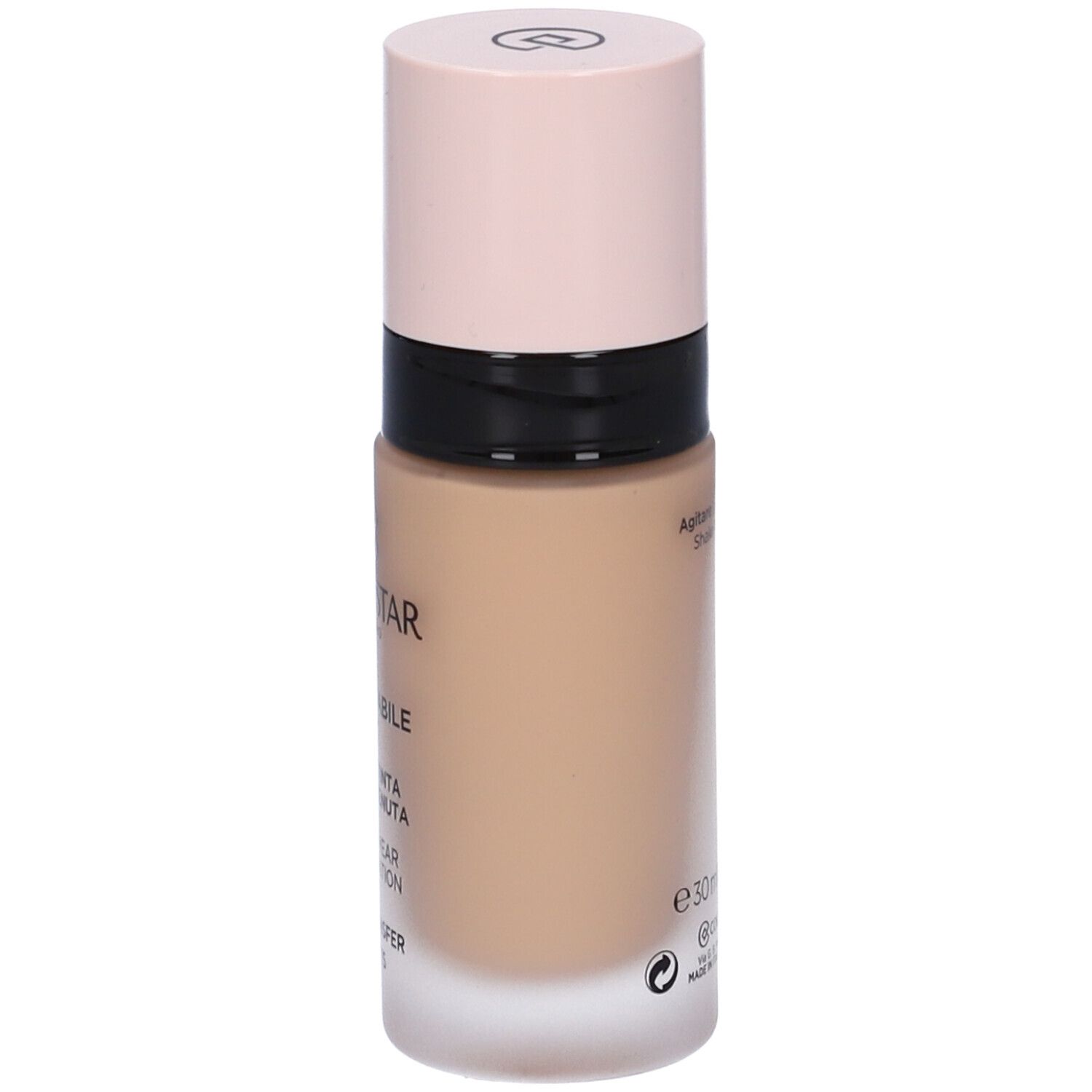 Flacone di fondotinta beige con tappo rosa. Scritte: COLLISTAR, IMPECCABILE, FONDOTINTA LUNGA TENUTA, LONG WEAR FOUNDATION, NO TRANSFER, SPF 15, e 30 ml.