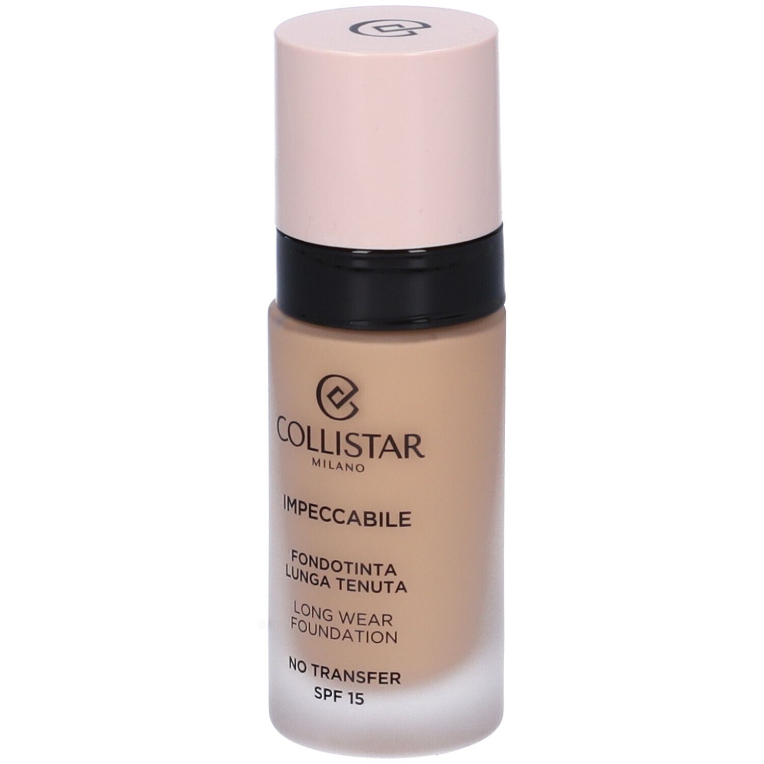 Flacone di fondotinta beige con tappo rosa. Scritte: COLLISTAR MILANO, IMPECCABILE, FONDOTINTA LUNGA TENUTA, LONG WEAR FOUNDATION, NO TRANSFER, SPF 15.