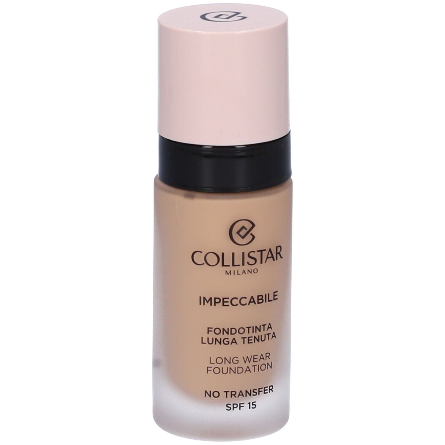 Flacone di fondotinta beige con tappo rosa. Scritte: COLLISTAR MILANO, IMPECCABILE, FONDOTINTA LUNGA TENUTA, LONG WEAR FOUNDATION, NO TRANSFER, SPF 15.
