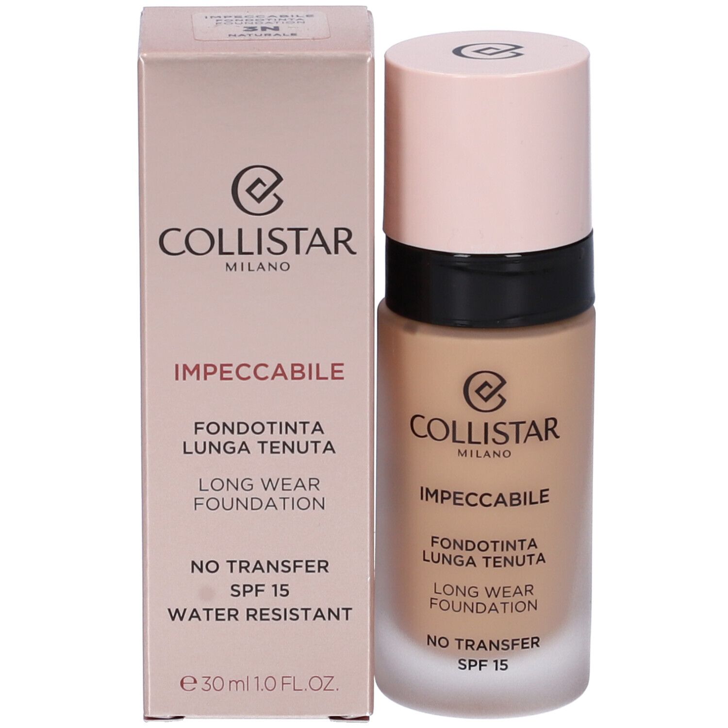 Flacone di fondotinta e confezione. Flacone: beige con tappo rosa. Confezione: rosa con scritte: COLLISTAR, IMPECCABILE, FONDOTINTA LUNGA TENUTA, SPF 15, WATER RESISTANT.